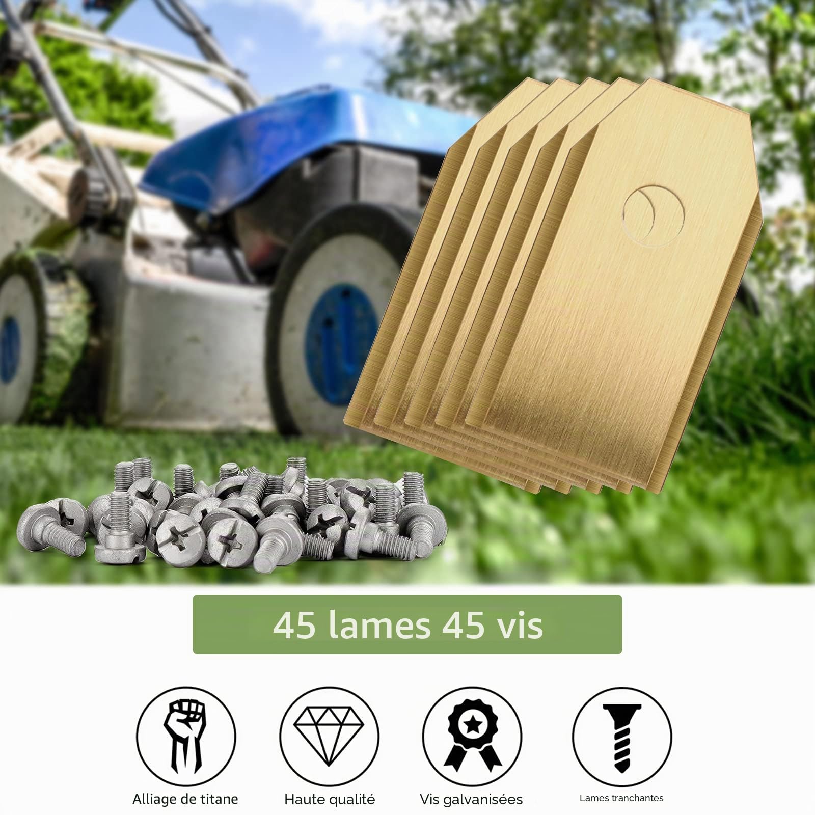 45 Lames de rechange pour Husqvarna Automower/Gardena/Yardforce robot tondeuse, Lames de Couteau en Titane - Lames de Robot tondeuse(3 g - 0,75 mm)-Accessoire de rechange - Avec vis | Lames de rechange 3g/0,75mm avec vis – compatibles avec Automower, Gard