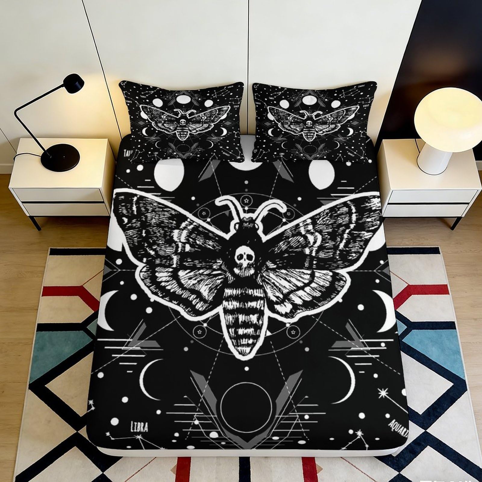 3D Printed Death Moth Fitted Sheet Microfiber Soft Breathable Moon Phase Bed Cover for Bedroom Dormitory Guest Room Mattress Protection 140x200x25cm