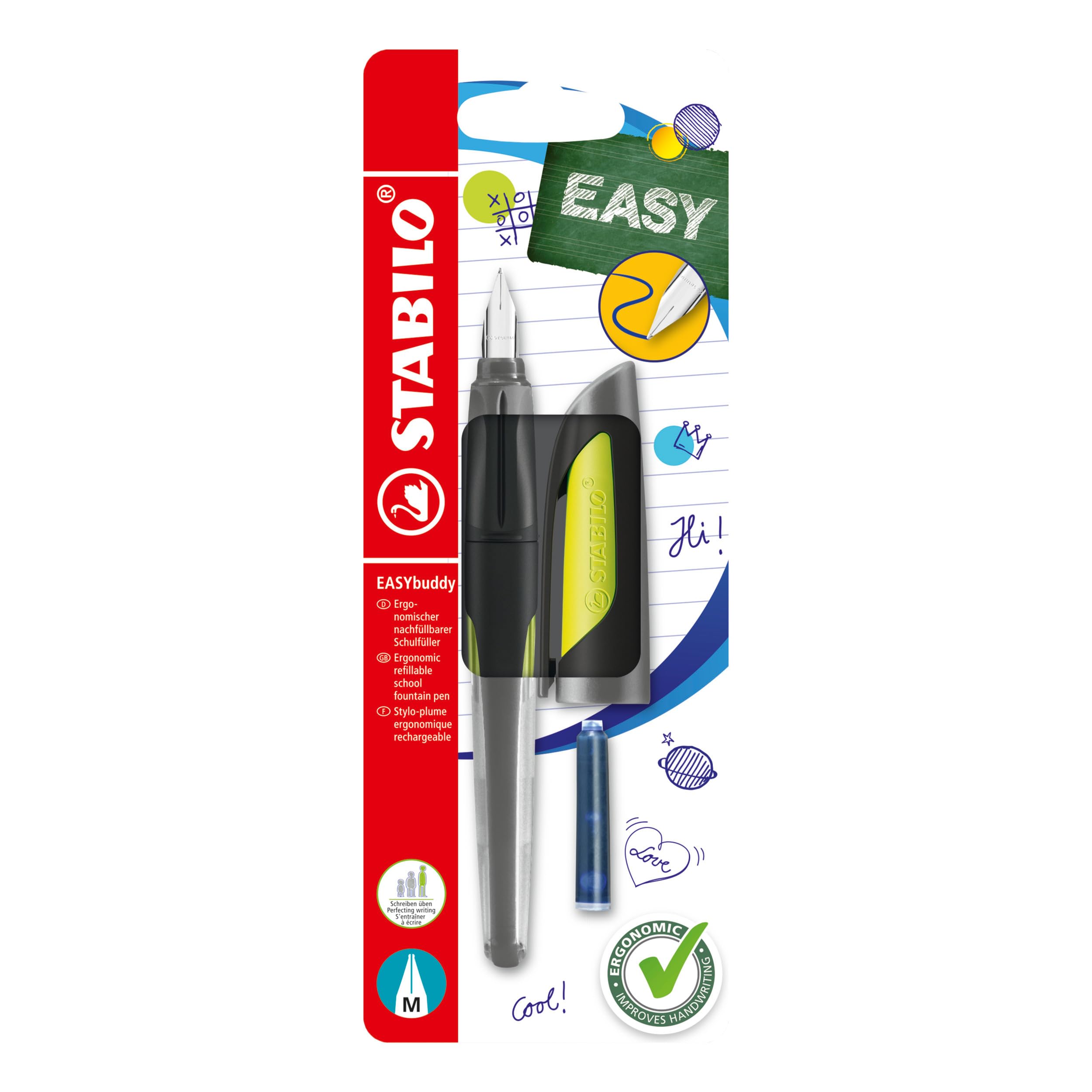 STABILO - Schulfüller mit Standard-Feder M - EASYbuddy in schwarz/limette - blau (löschbar) - inkl. Patrone - Blister