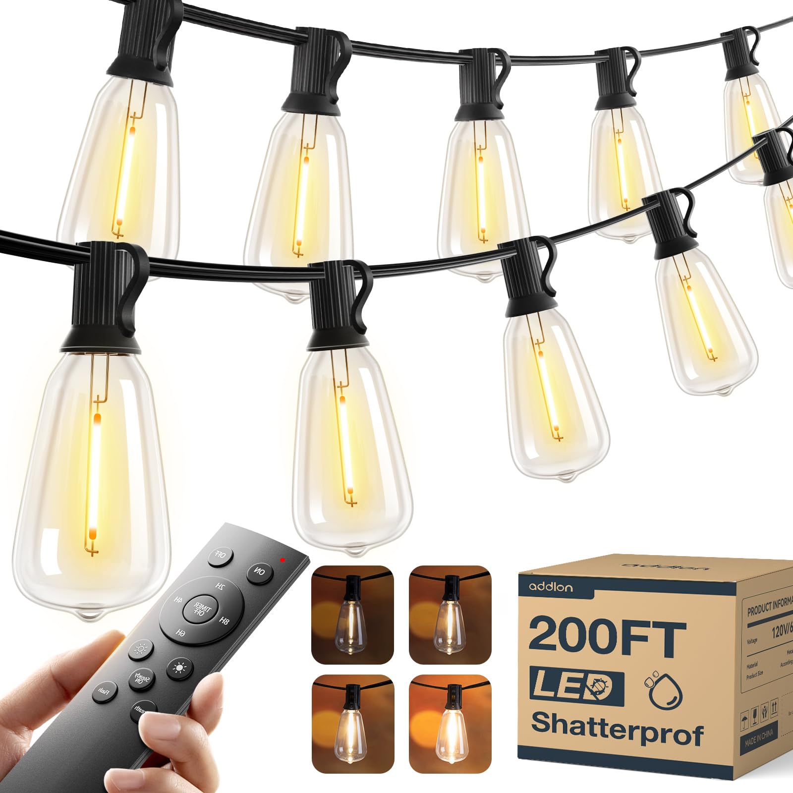 Photo 1 of addlon 200FT(50FT*4) LED Outdoor Lights Waterproof Patio Lights with 64 Shatterproof ST38 Replaceable Bulbs(4 Spare), Dimmable Outside Hanging Light Connectable for Porch, Backyard