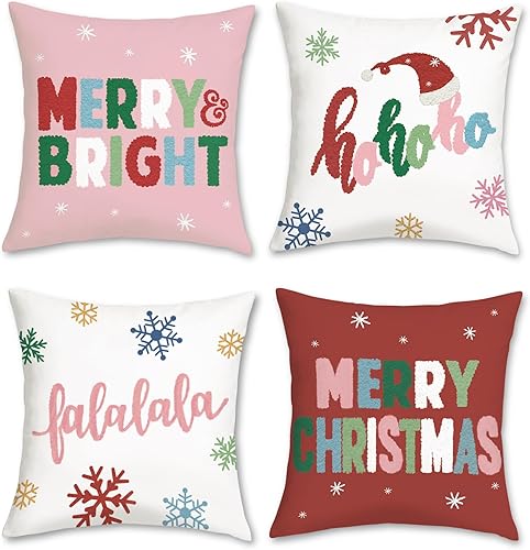 Miniatura 7 de Bonhause Juego de 4 fundas de almohada rojas de Navidad de 18 x 18 pulgadas, almohadas decorativas de Navidad para sofá, cama, decoración del hogar