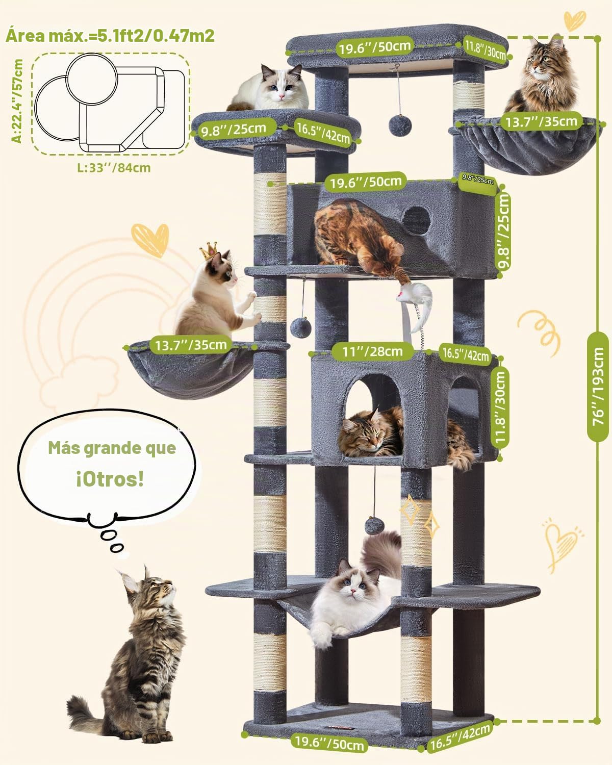 Taoqimiao Árbol para Gatos Grandes 193 cm, Árbol Rascador de Interior con Postes Arañadores, 2 Cabañas, 2 Plataformas, 2 Cestas Colgantes Amplias y Hamaca Suave, MS046G Gris Oscuro