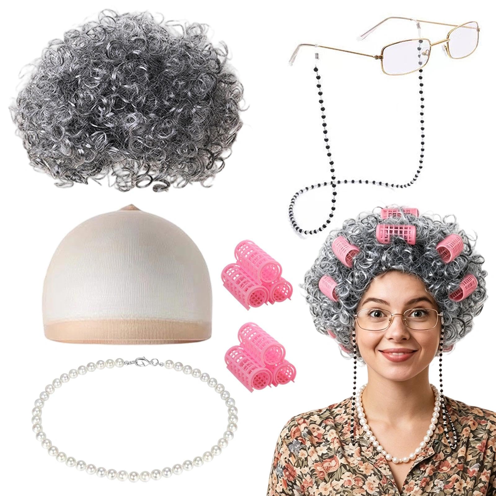 WSXQAZ 11Pcs Old Lady Costume Set for Women, Granny Wig, Accessories Kit with Grandma Wig Cap Hair Rollers Glasses with Chain Pearl Necklace, Old Lady Fancy Dress Set for Christmas Halloween Carnival