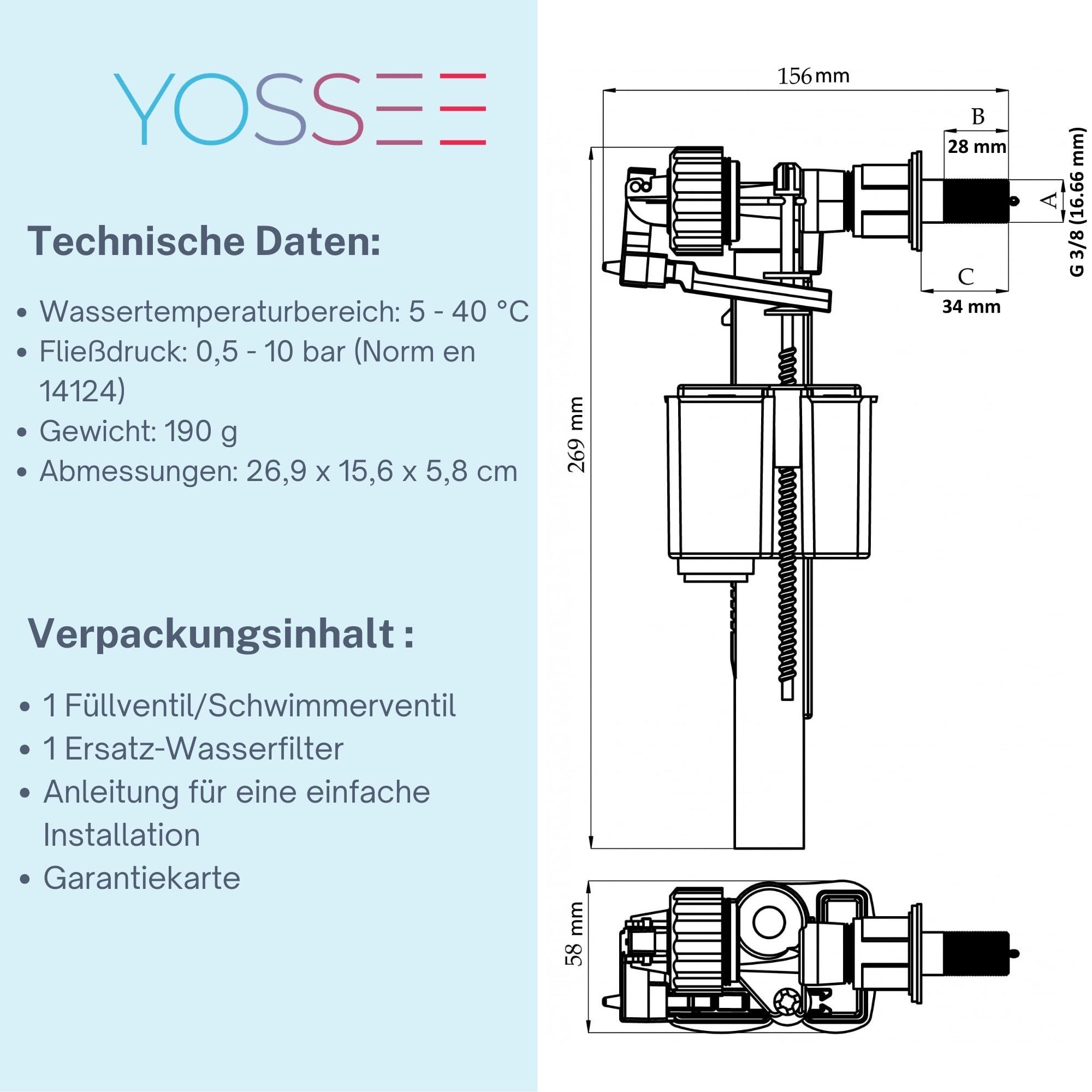 YOSSEE Ersatzteilset - Universal Füllventil + Heberglocke Ablaufventil für Toilettenspülung, Komplettes WC Spülkasten Innenleben