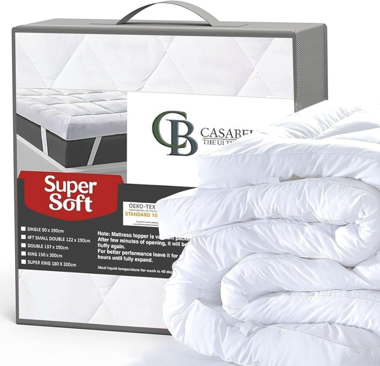 Casabella Single Mattress Topper 4 Inch (10 cm) Thick Super Soft Hypoallergenic Breathable, Box Stitched With Elasticized Corner Strap 90x190+10cm