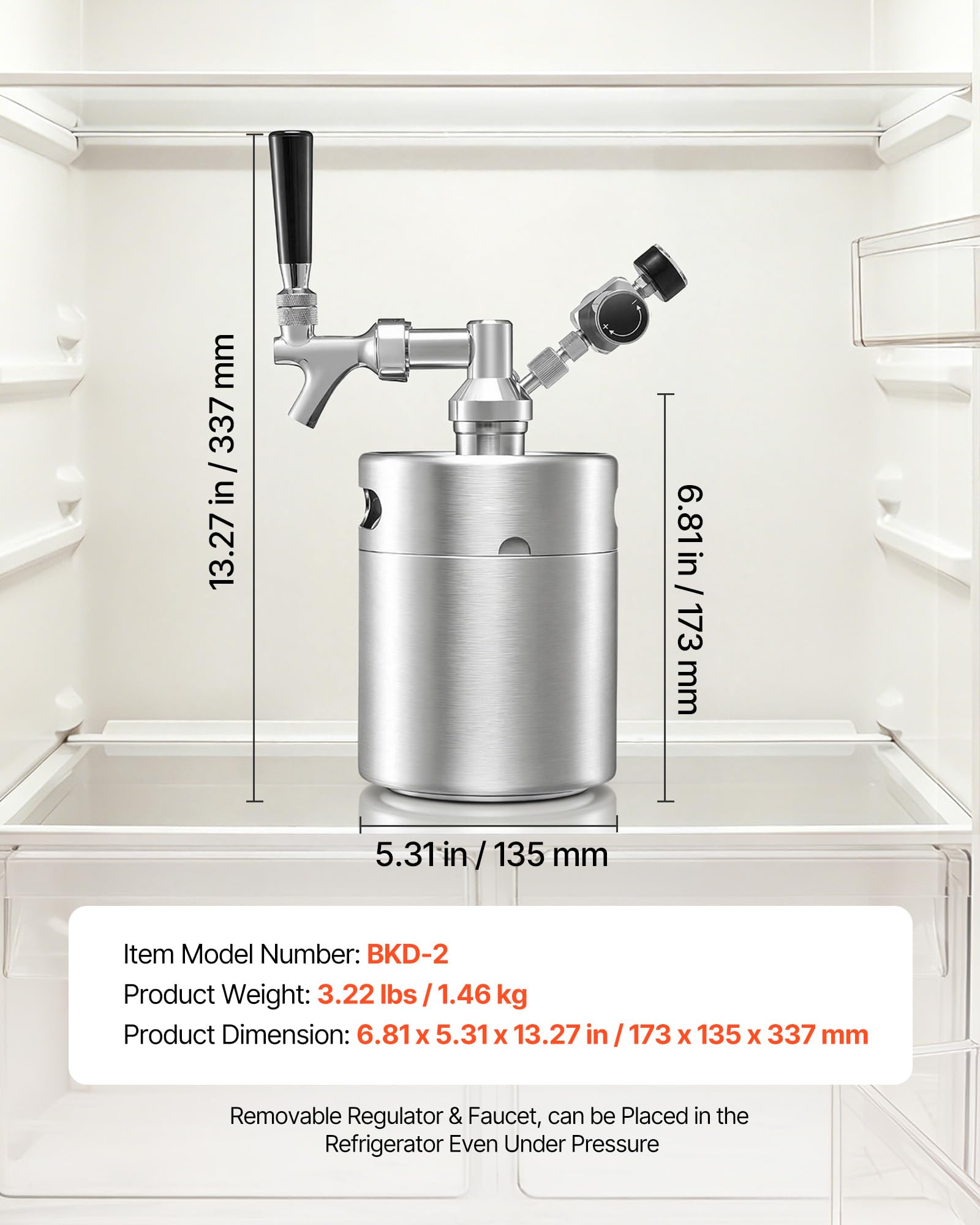 VEVOR Mini Barril Dispensador de Cerveza 1,94 L de Acero Inoxidable 304, Con Regulador de CO₂ y Grifo de Cierre Automático, Compatible con Cartuchos de CO₂ de 16 g (No Incluido), Para Fiesta, Hogar