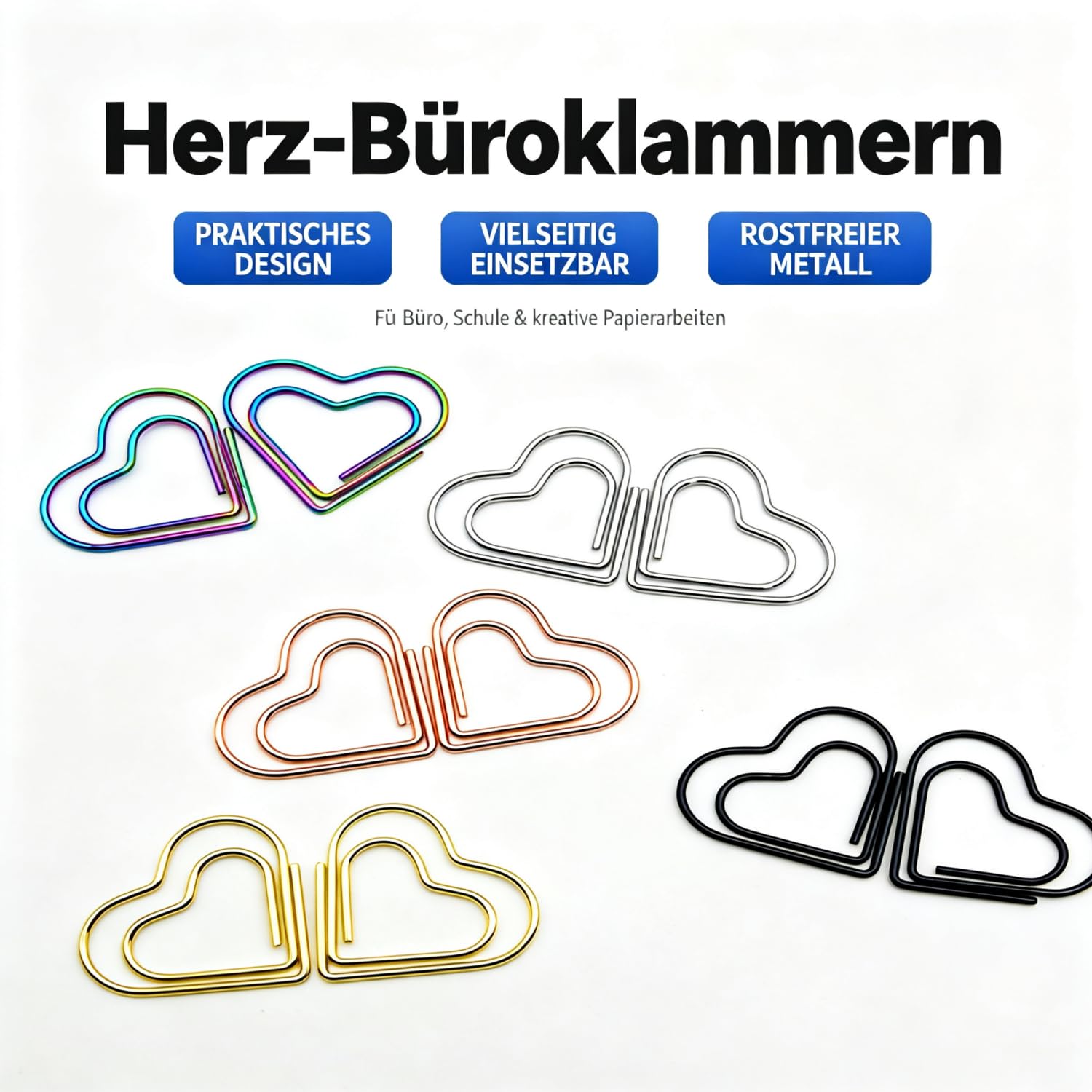 Herz-Büroklammern, rostfreie Paperclips für Büro und Lesezeichen (Gold,500 Stk)