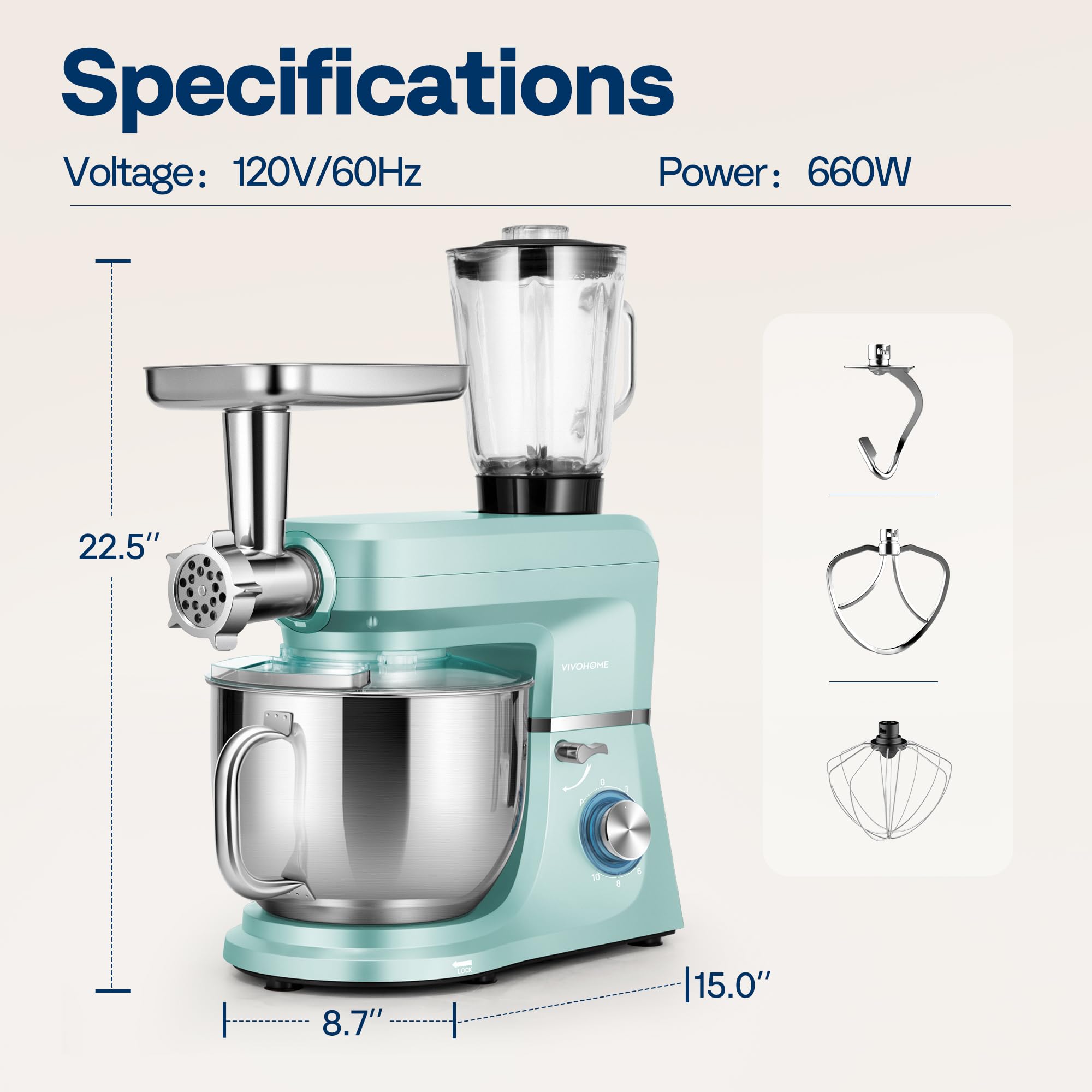 VIVOHOME 6-in-1 Stand Mixer, 8.5 Quart Electric Tilt-Head Kitchen Mixer with Bowl, Multifunctional Food Mixer for Cake, Bread, and Dough, with Meat Grinder, Blender, Pasta Maker Attachments, Red: 6-in-1 Blue