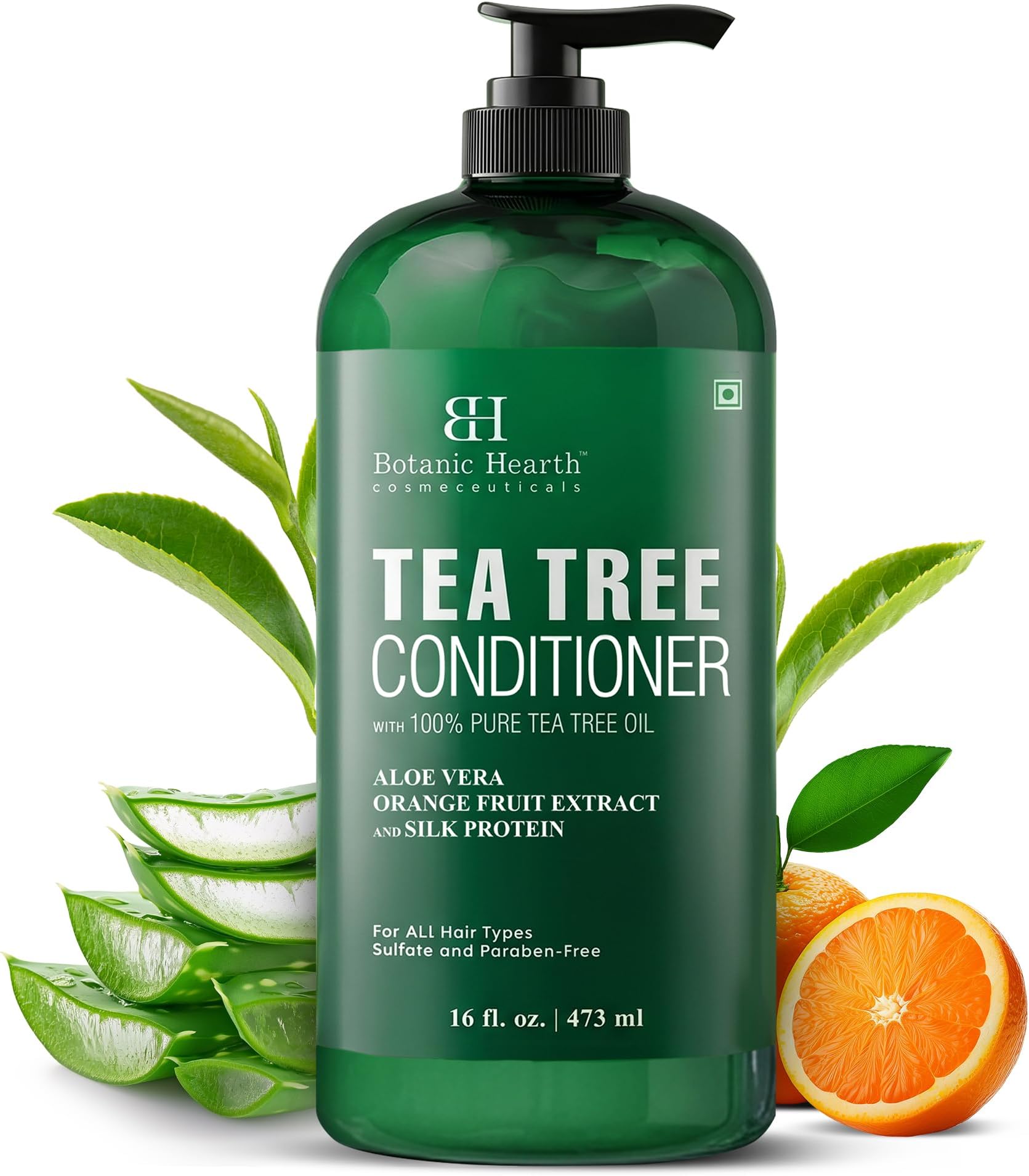 Botanic Hearth Tea Tree Conditioner | For All Hair Types | Fights Dandruff & Dry Scalp | With Vitamin C, Peppermint Oil, Rosemary & Lavender Oil | Sulphate & Paraben Free | 16 Fl Oz