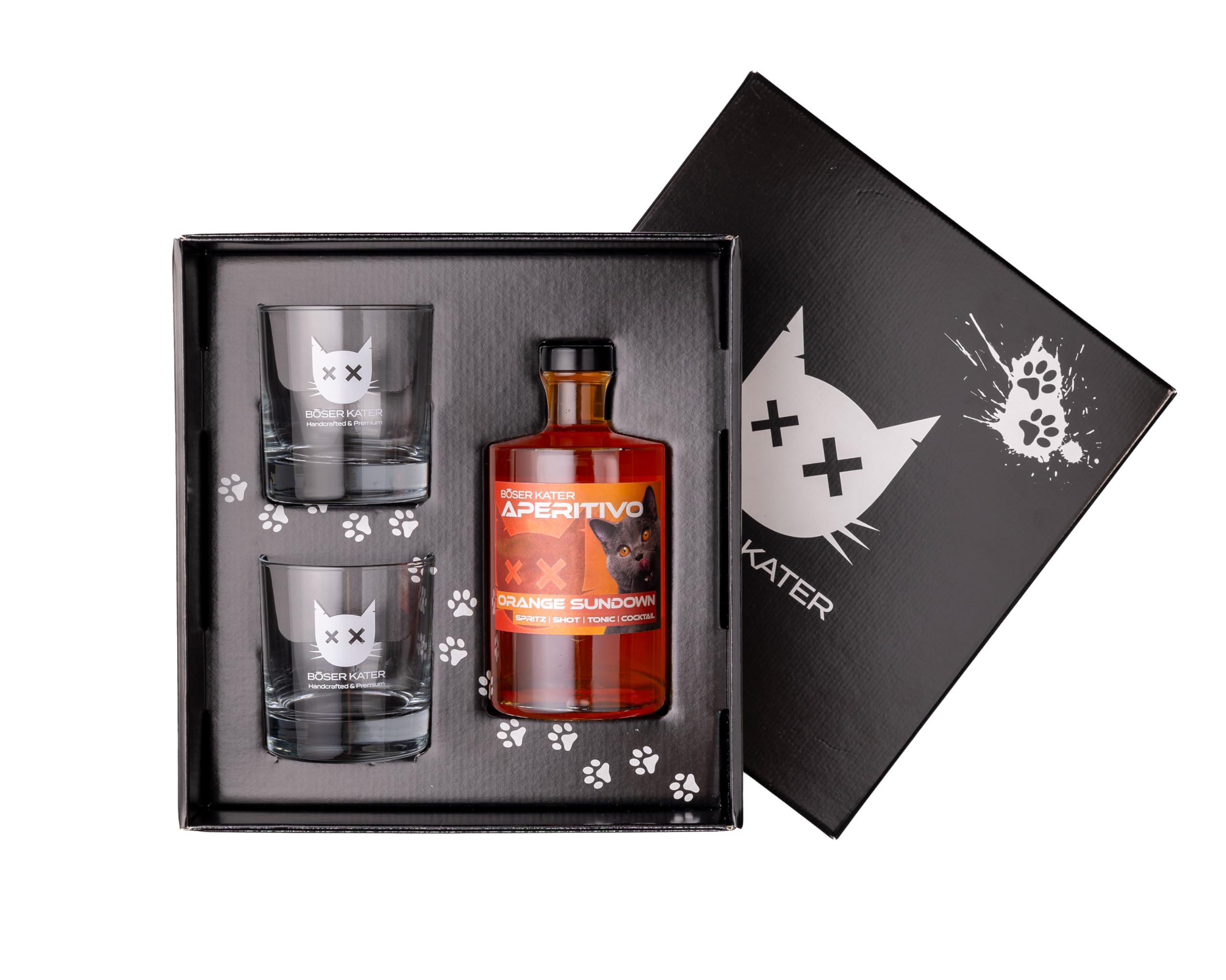 BÖSER KATER Orange Sundown Aperitivo Geschenkset mit 2 Gläsern | Orangen Frucht Likör | Fruchtig spritziger Orangenaperitif | Ideal als Spritz oder Tonic Cocktail | Geschenkidee | 0,5l 15% Vol.