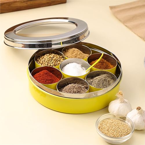 Miniatura 1 de DUDKI Homes - Caja de masala de acero inoxidable, caja de especias, Masala Dabba con organizador de cocina con tapa transparente con 7 recipientes y