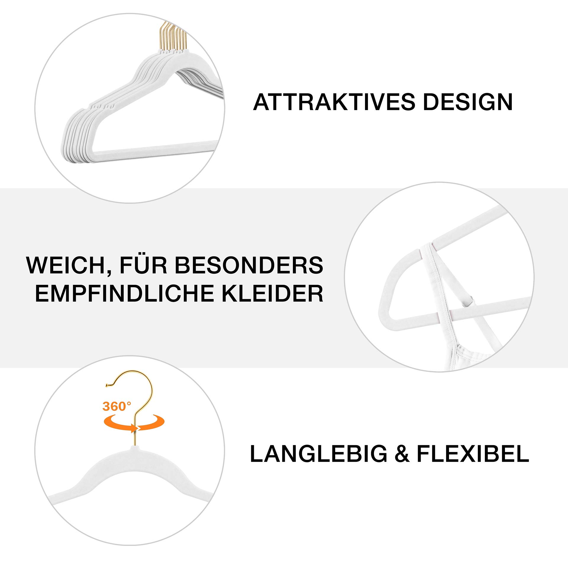 200 Stück hochwertige Samt Kleiderbügel in der Farbe Weiß mit Gold Look Haken/Anti-Rutsch/von StickandShine