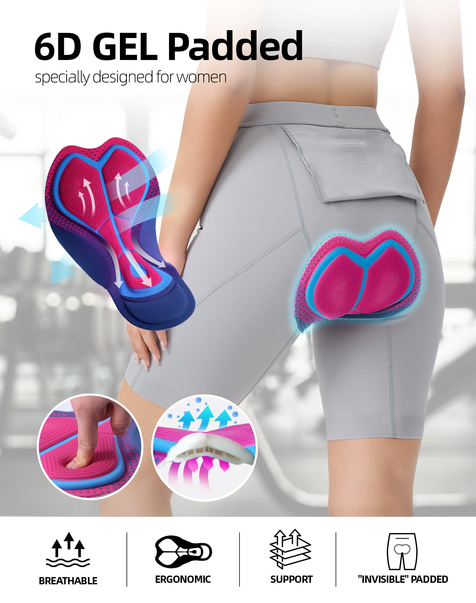 Pantaloni da ciclismo da donna imbottiti 6D con tasca, ad asciugatura rapida, da donna, elasticizzati, traspiranti, con imbottitura ampia e densa, senza dolore