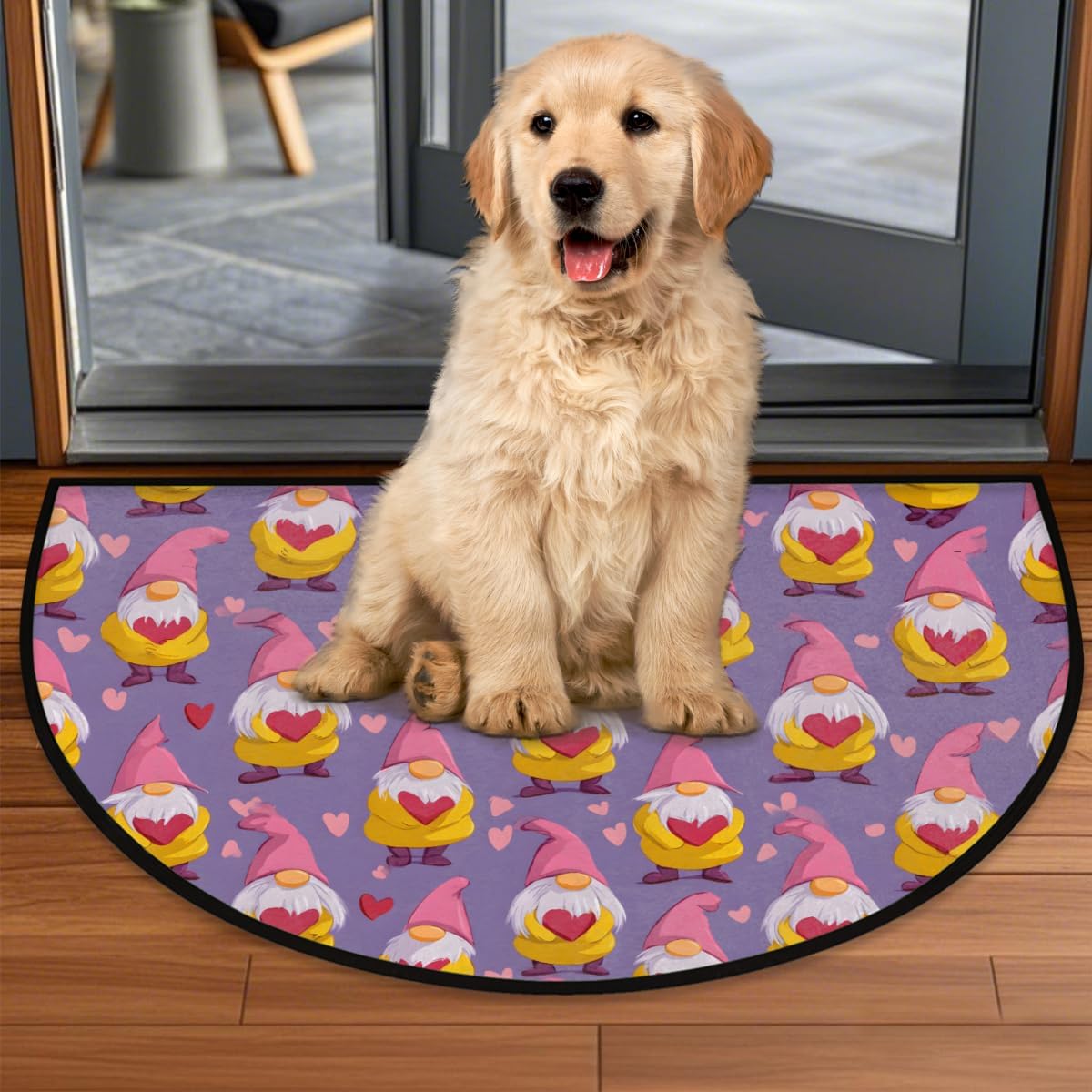 Front Door Mat Indoor Outdoor Entrance, Valentine's Heart Dwarfs Half Round Door Mat Absorbent Non-Slip Backing Welcome Doormat Patio Entryway Low Profile Floor Mats for Kitchen Fireplace 36" x 24"
