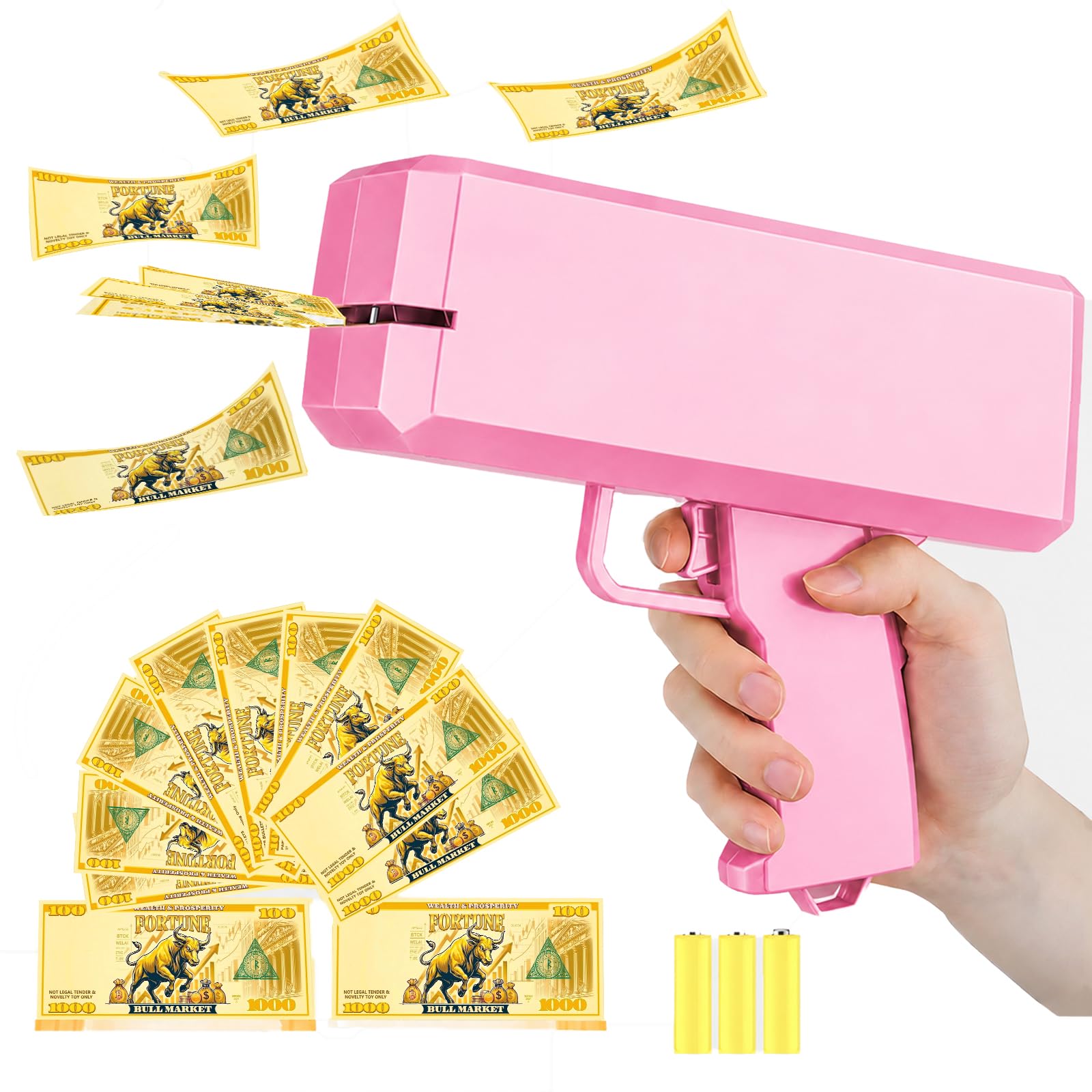 Pink Money Gun Shooter with 200pcs Prop, Handheld Make It Rain Spray Money Toy Cash Gun, Party Prop for Celebration Event, Birthdays, Weddings