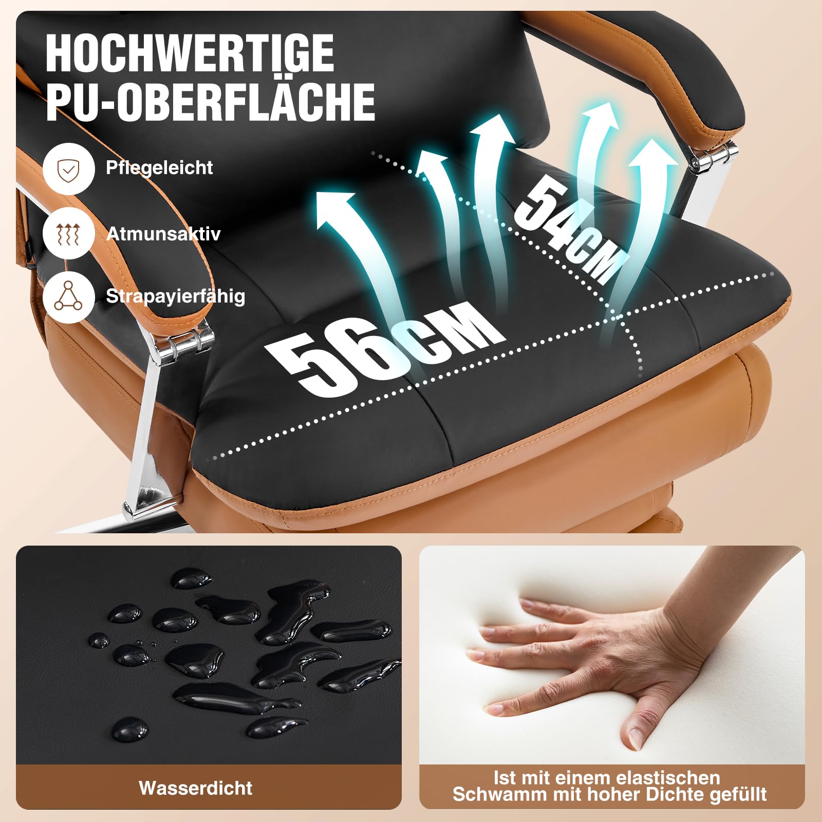 Bürostuhl Ergonomisch, PU Leder Chefsessel, Bürostuhl 200kg mit Fußstütze und Lendenwirbelstütze, Home Office Stuhl Verstellbarer Stuhl mit hoher Rückenlehne, Schwarz