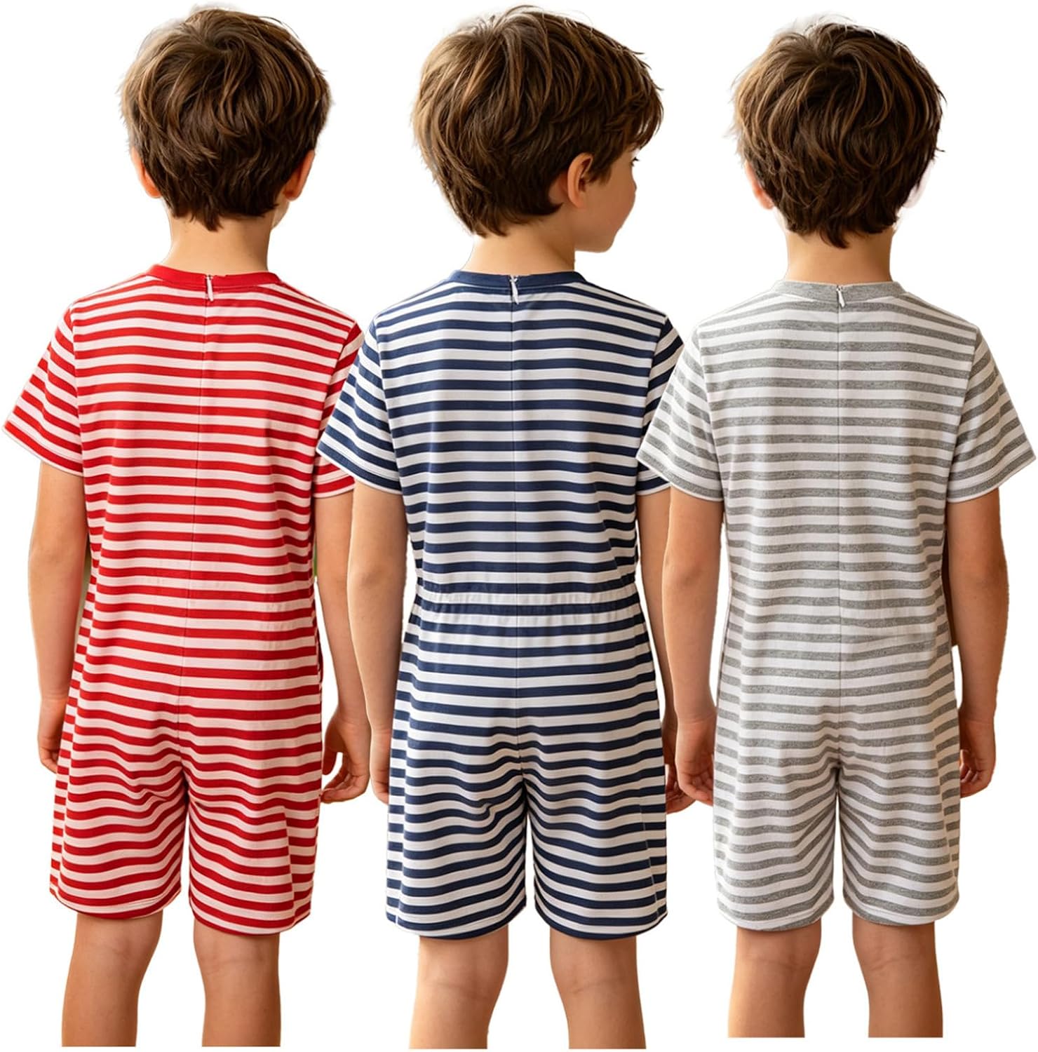 3 Pack Adaptive Clothing for Kids Anti-strip Romper Short Sleeve Stripes Cotton Jumpsuit Special Needs Bodysuit