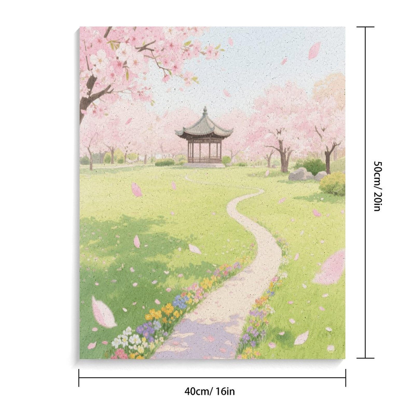 Malen-nach-Zahlen-Set "A Park with Cherry Blossoms in Full Bloom", Malen-nach-Zahlen-Set für Erwachsene, Erwachsene, Malen-nach-Zahlen-Kits auf Leinwand, Acryl-Ölfarben, Gemälde mit Pinseln für