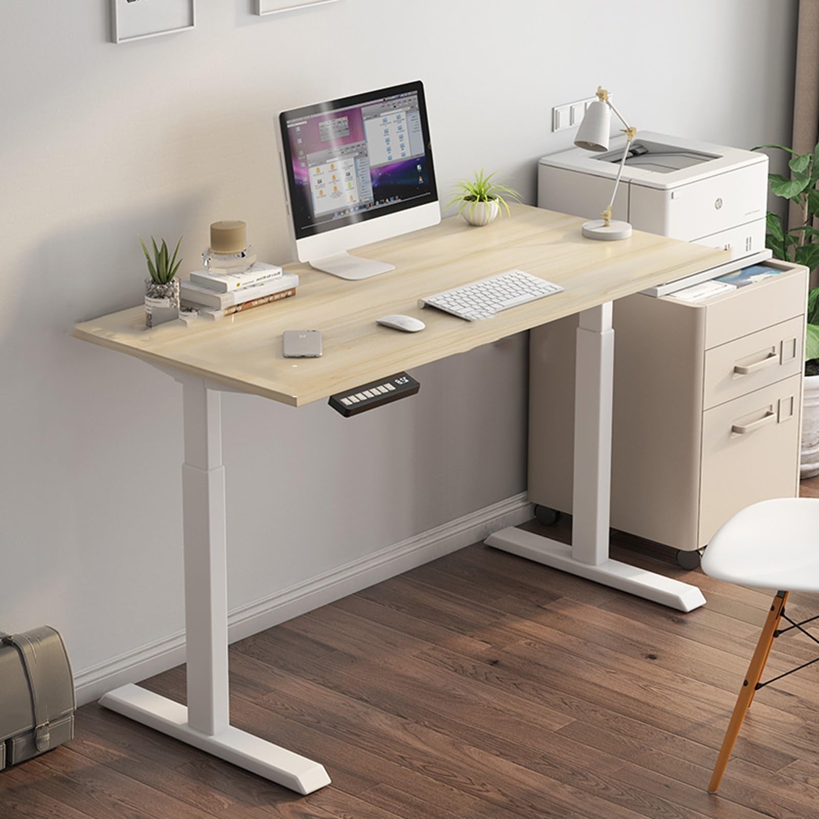 Convertitore elettrico da scrivania regolabile in altezza per sedersi a stare in piedi, per postazione di lavoro di casa e ufficio, design moderno con scrivania spaziosa e meccanismo di sollevamento