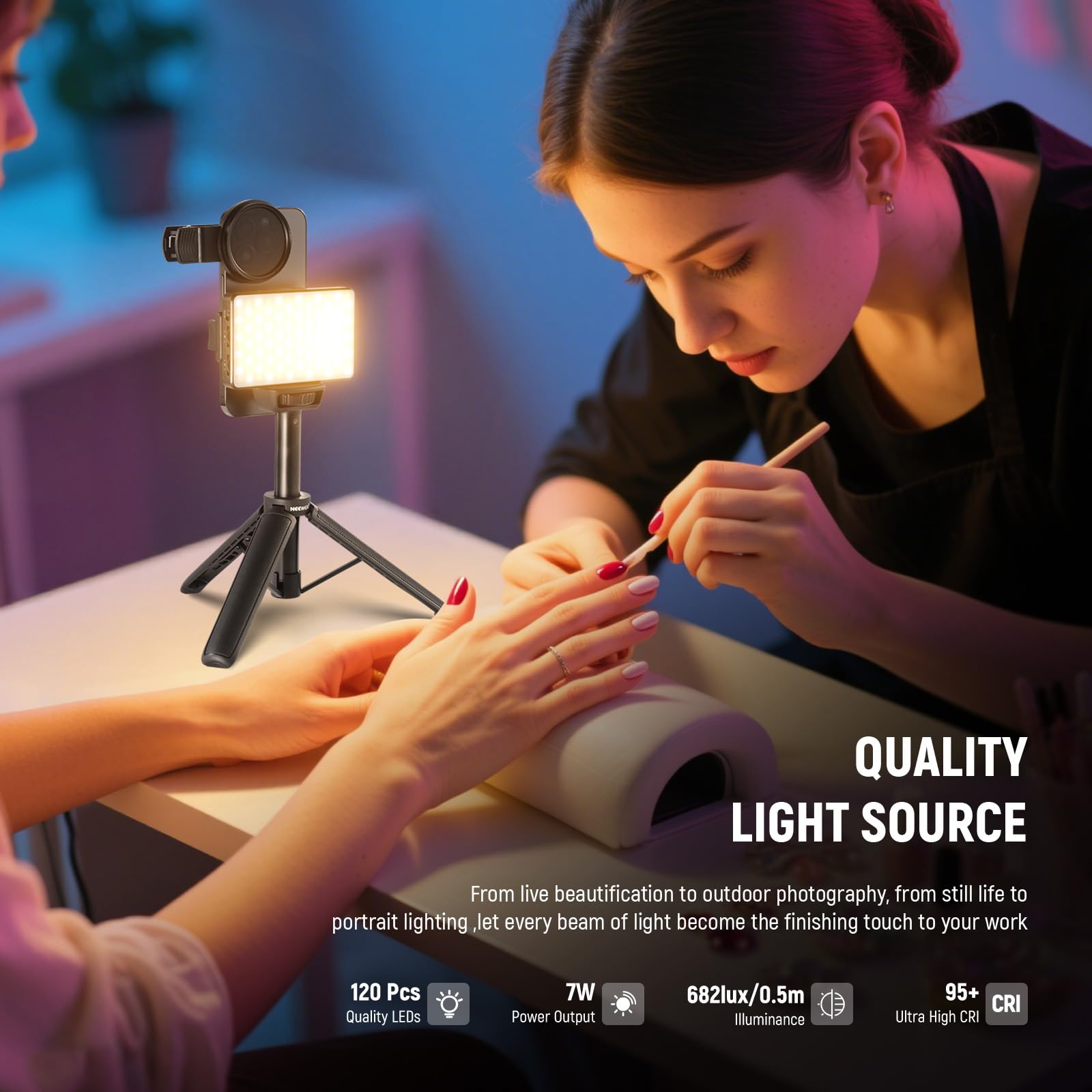 NEEWRE BASICS Luce Selfie LED & Tattoo Compatibile con iPhone, Luce a Clip con Filtro CPL/Treppiede/Portatelefono, Lampada di Riempimento per Fotografia Arte Cibo Gioielli, Registrazione Video,BL120B