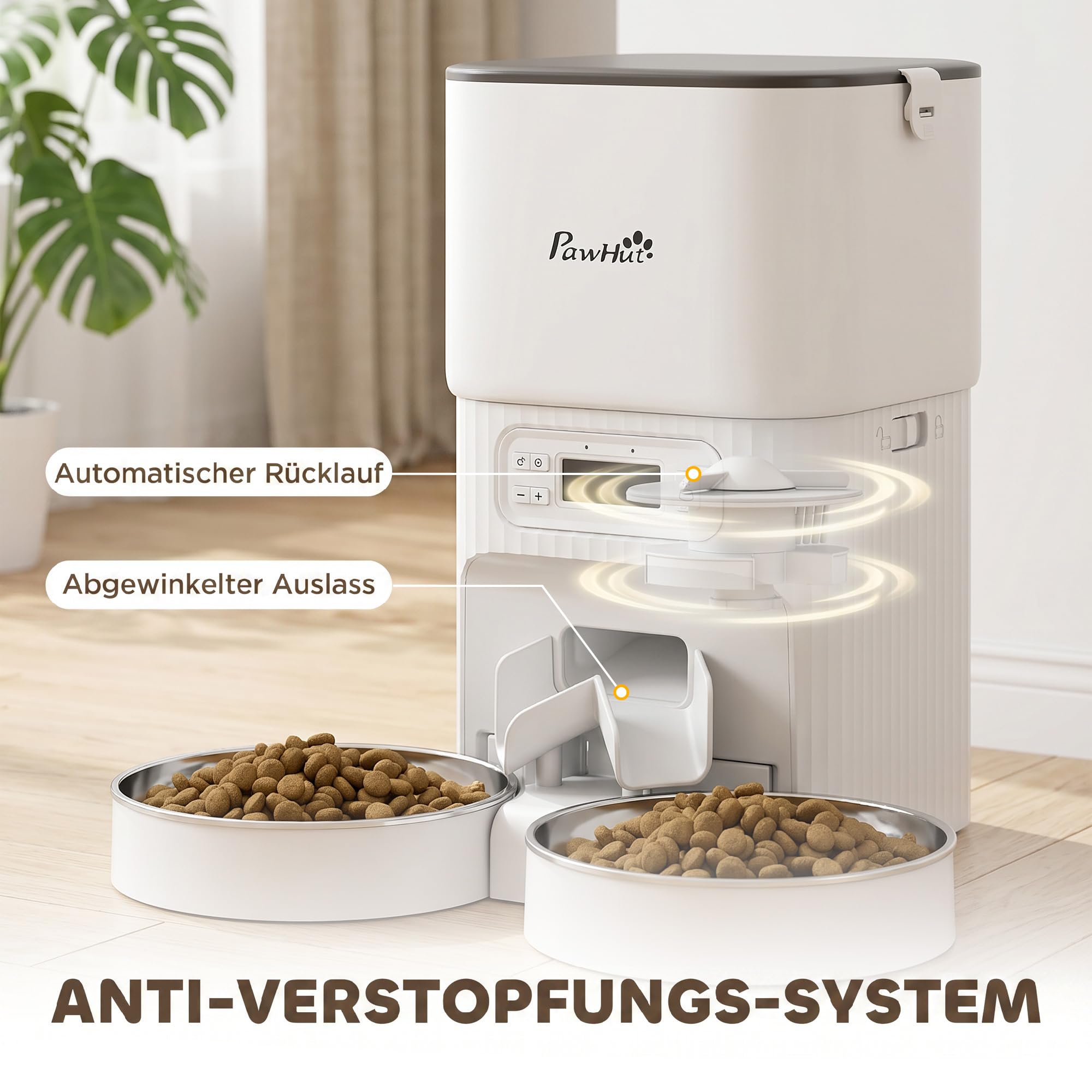 PawHut Mangiatoia automatica per gatti, 4 l, con 2 ciotole in acciaio inox, 1-6 pasti al giorno, design anti-intasamento, display LCD, mangiatoia per gatti e cani