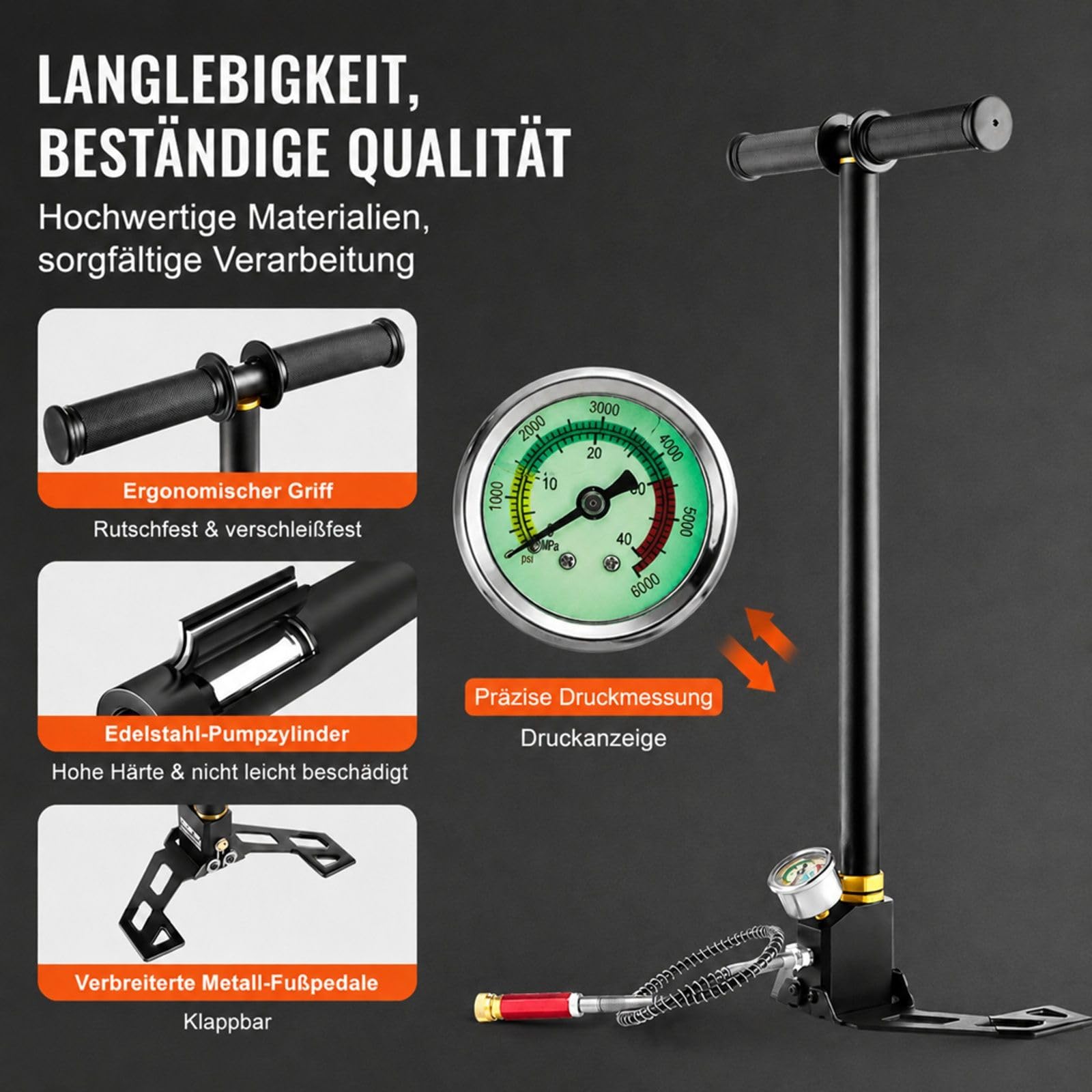 PCP Standpumpe mit Manometer, Edelstahlgehäuse für Fahrrad und Auto