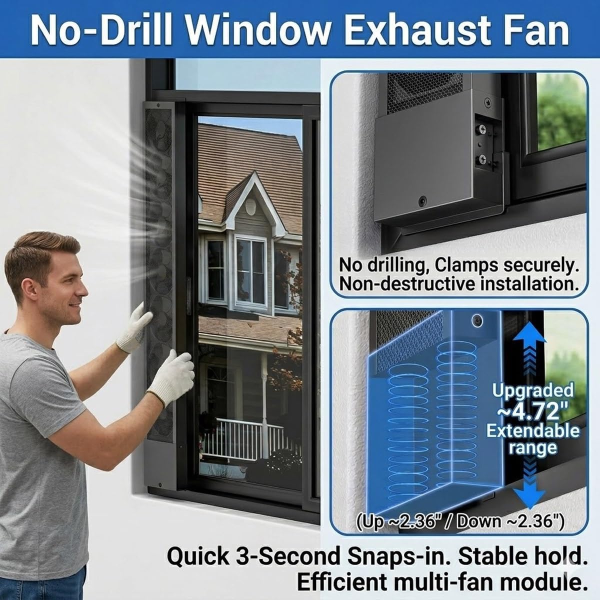 Vertical Window Exhaust Fan for Sliding Windows, Retractable Reversible Airflow Window Fan with Stepless Speed Control, Tool-Free No-Drill Vent Fan for Bedroom Kitchen Office(48-53in (122-134CM))