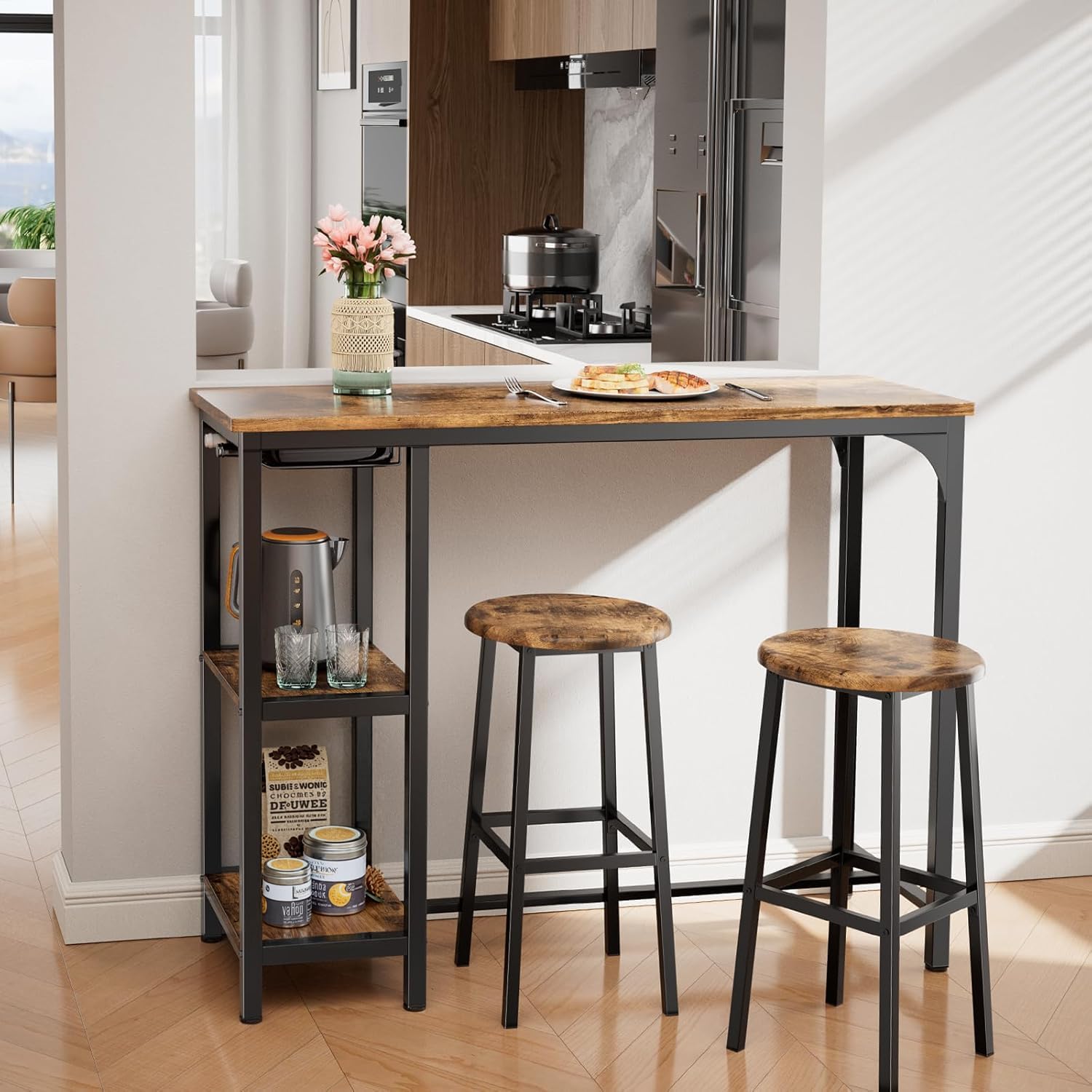 Bealife Ensemble Table de Bar avec 2 Tabourets – Table Haute Cuisine Multifonction avec 2 Étagères et Porte-Bouteilles, Table à Manger Debout Gain de Place pour Cuisine, Salon, Bar (Rétro)