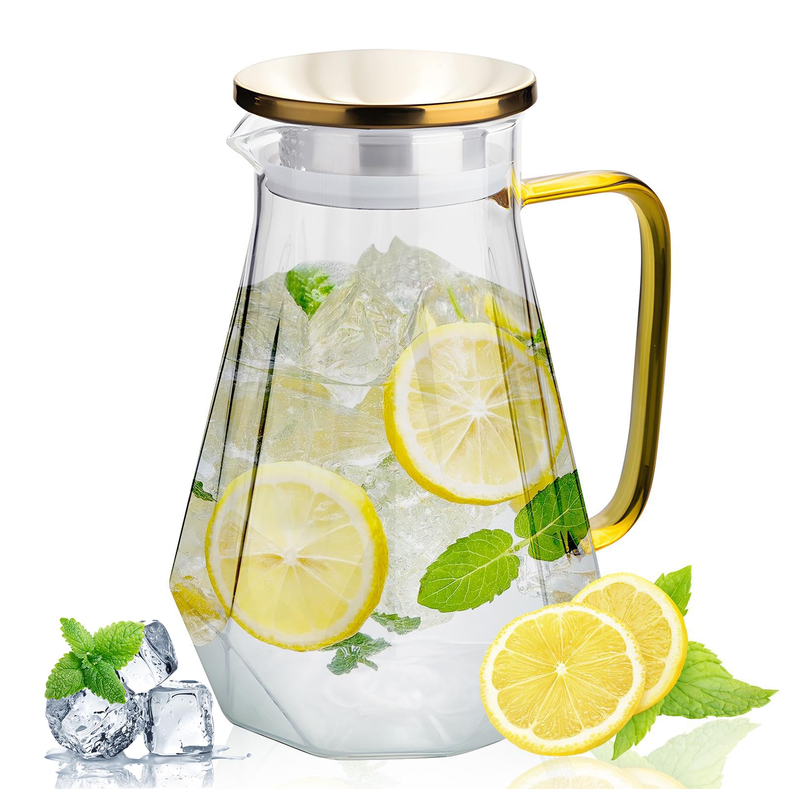 Carafe en verre 2L avec couvercle en acier inoxydable doré pour boissons