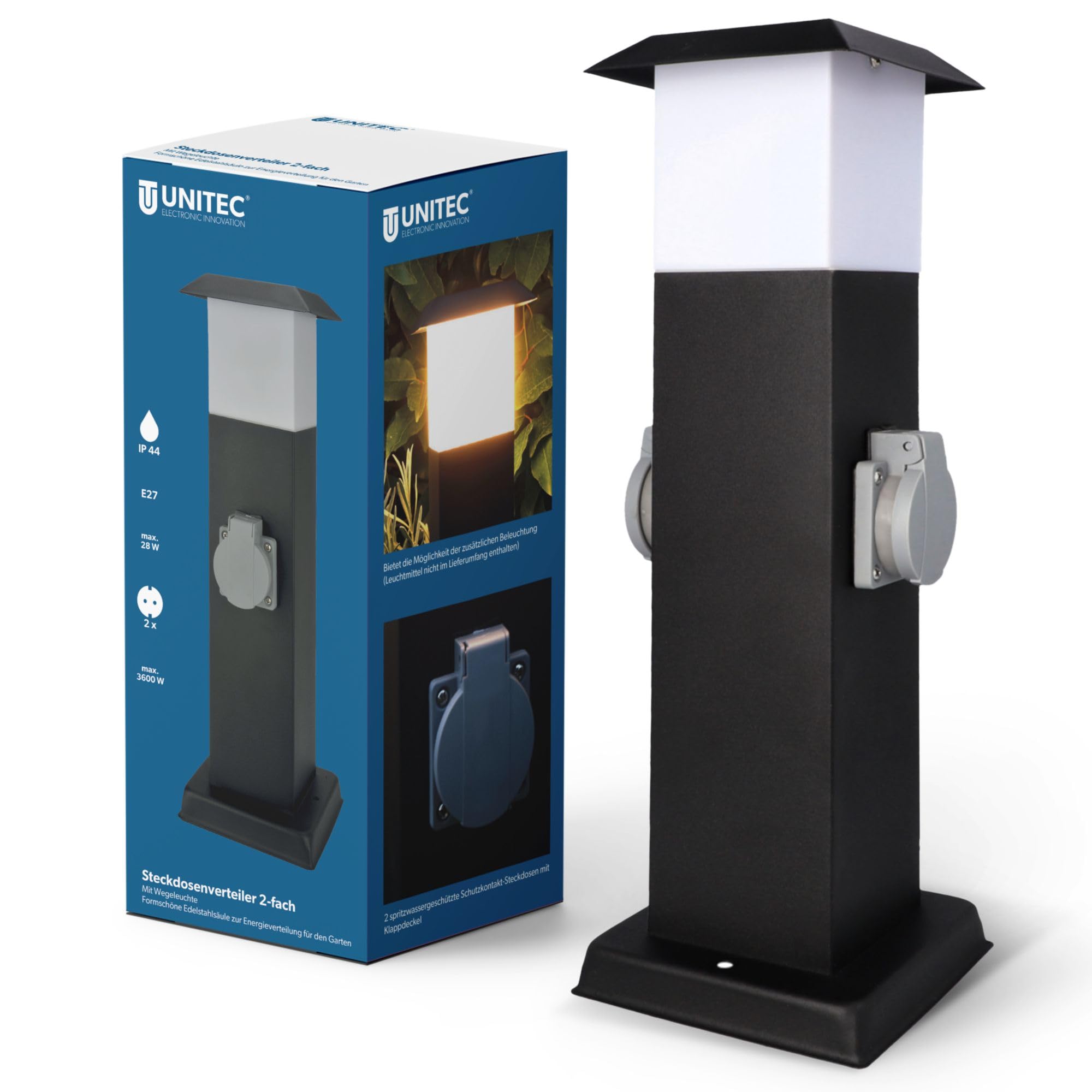 UNITEC Edelstahlsäule Outdoor mit Abdeckung , 2 Steckdosen, Energieverteilung für den Garten, spritzwassergeschützt IP 44, max. 3600W, Edelstahl, schwarz