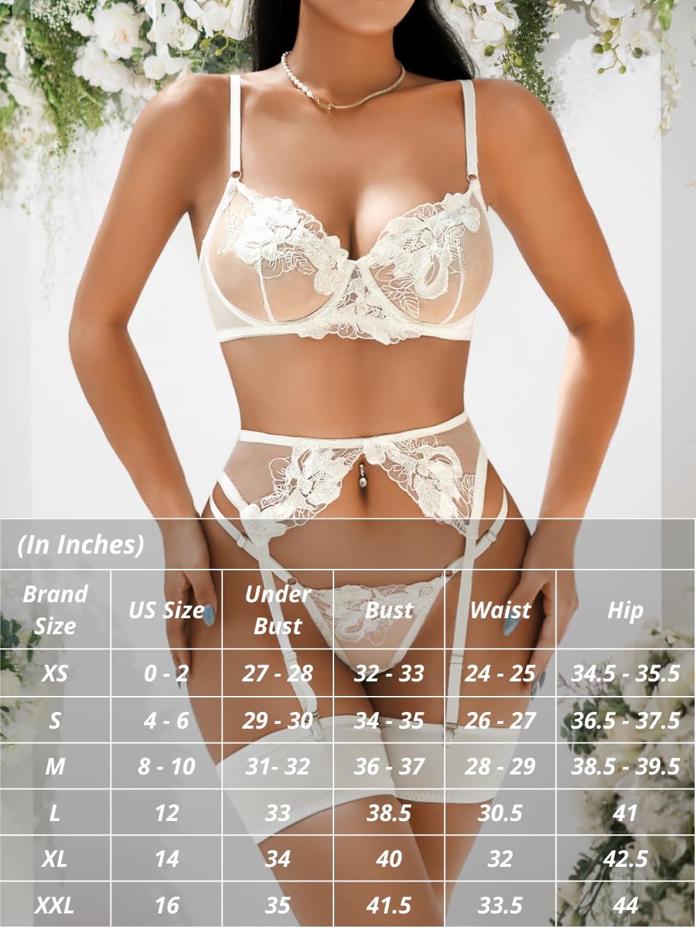 Kaei&Shi Floral Embroidered Garter Belt Set,Sheer Lingerie Sets for Women Sexy,Wedding Night Valentines Boudoir Outfits: White 8-10