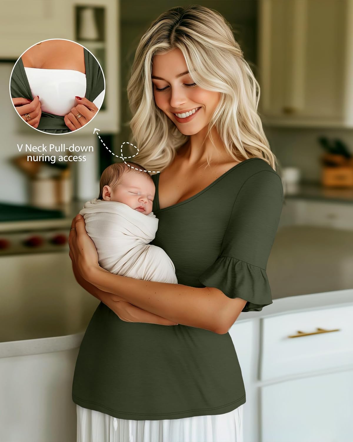 Ficerd 3 Pack Women's Maternity Shirts, Short Sleeve Nursing Tops Ruffle V Neck Breastfeeding Tees Casual Pregnancy Blouses(Black, Light Gray, Army Green,XXL)