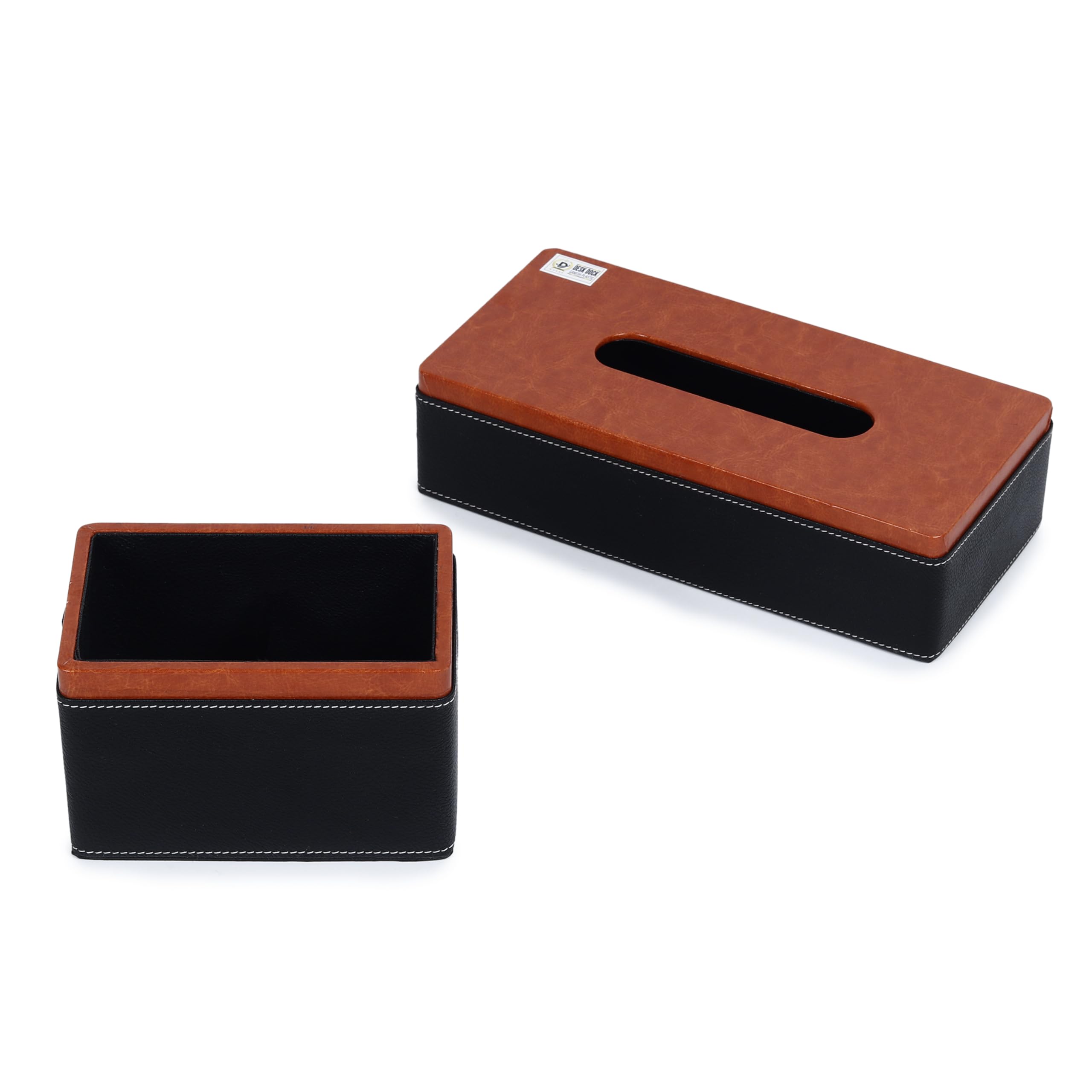 DESKDOCK VIP Organizer da scrivania in pelle con scatola per fazzoletti, porta telecomando, portapenne, nero e marrone, grande