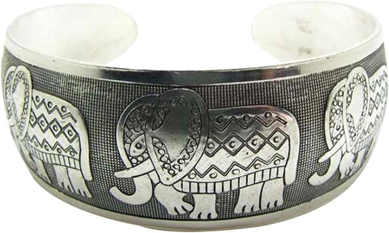 Hollywood Sensation Elephant Bangle Cuff Wide Bracelet (Symbol of Strength, Honor, Stability and Patience) Retro Silver Plated Bracelet-Elephant Jewelry for Women