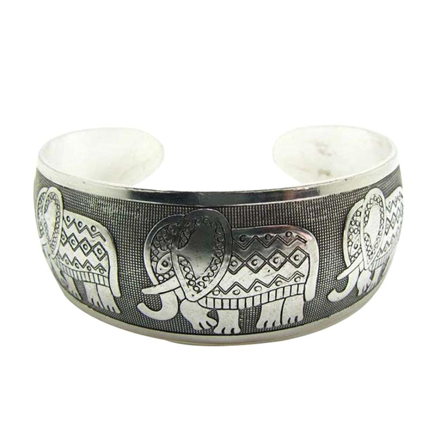 Hollywood Sensation Elephant Bangle Cuff Wide Bracelet (Symbol of Strength, Honor, Stability and Patience) Retro Silver Plated Bracelet-Elephant Jewelry for Women