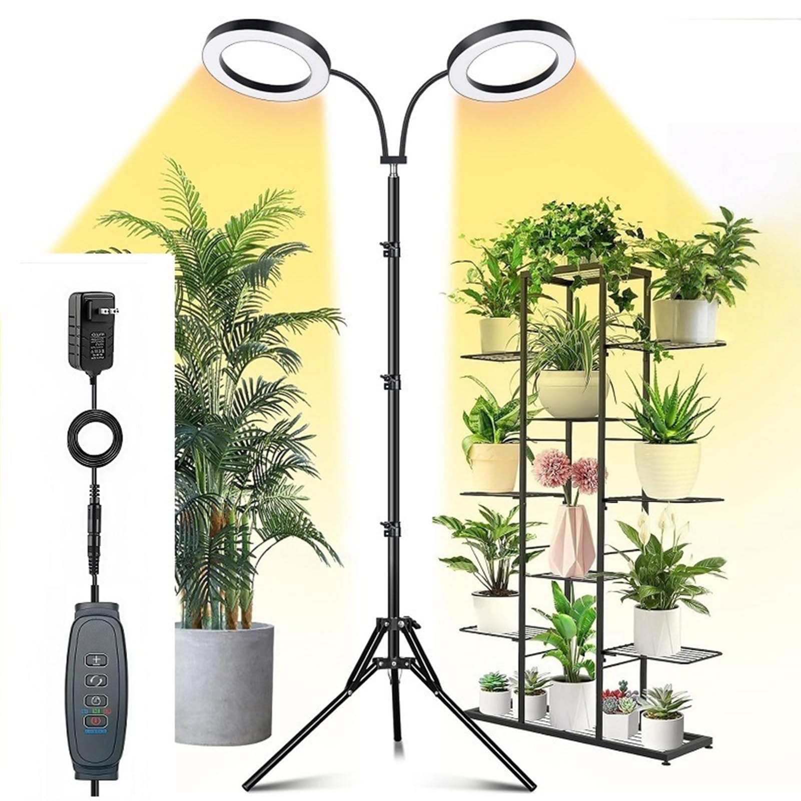 Lampada per Coltivazione delle Piante Lampada per Crescita a Spettro Completo con Timer 6 Livelli di Luminosità Altezza Regolabile per Piante da Interno Succulente Erbe Fiori 108 (Spina UE 2 teste