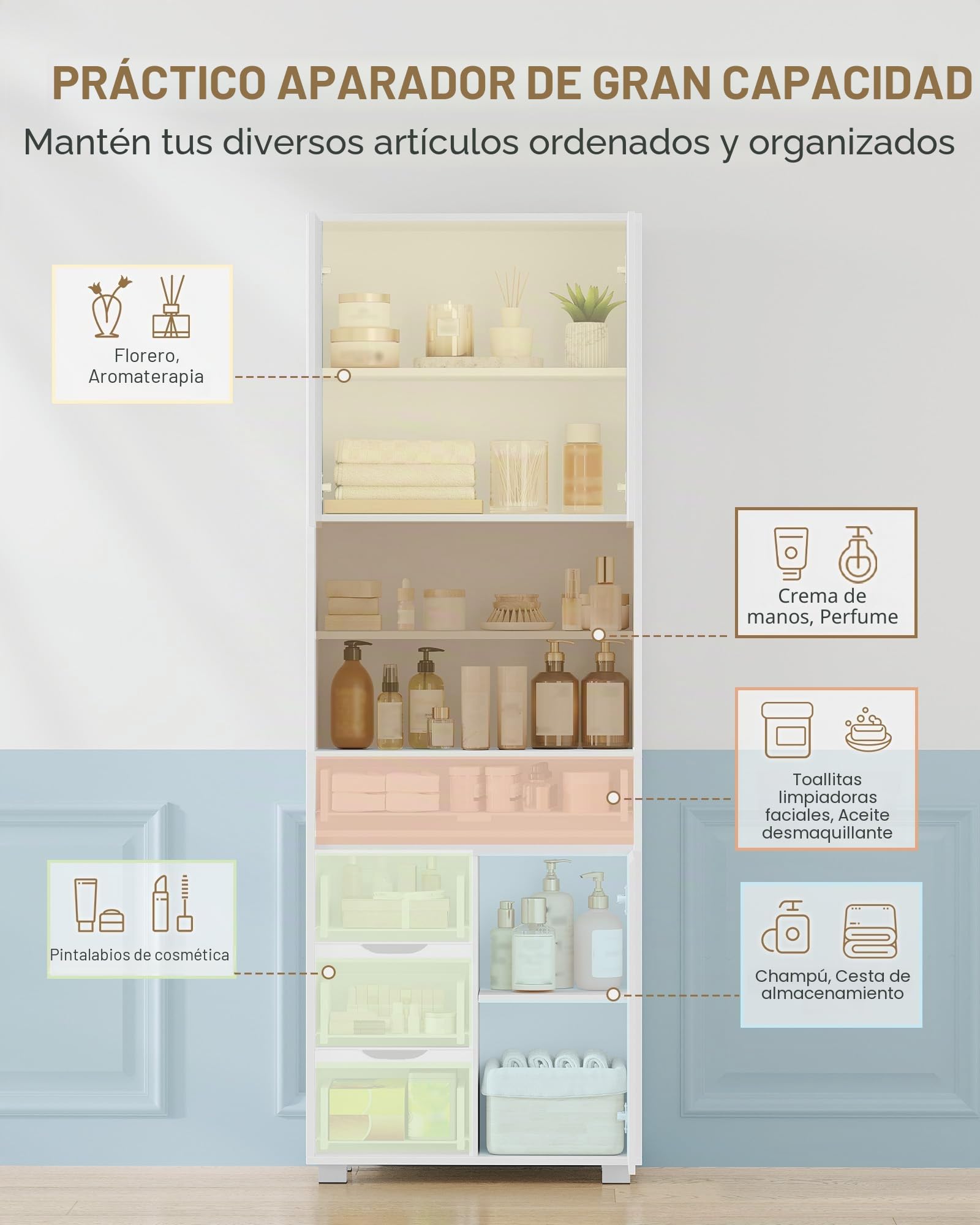 Hzuaneri Armario Alto Baño, Columna Baño, 30 x 60 x 190 cm, Blanco | 4 Cajones y 3 Puertas, Estantes Ajustables, Moderno, Para Cocina y Salón, SC15503X