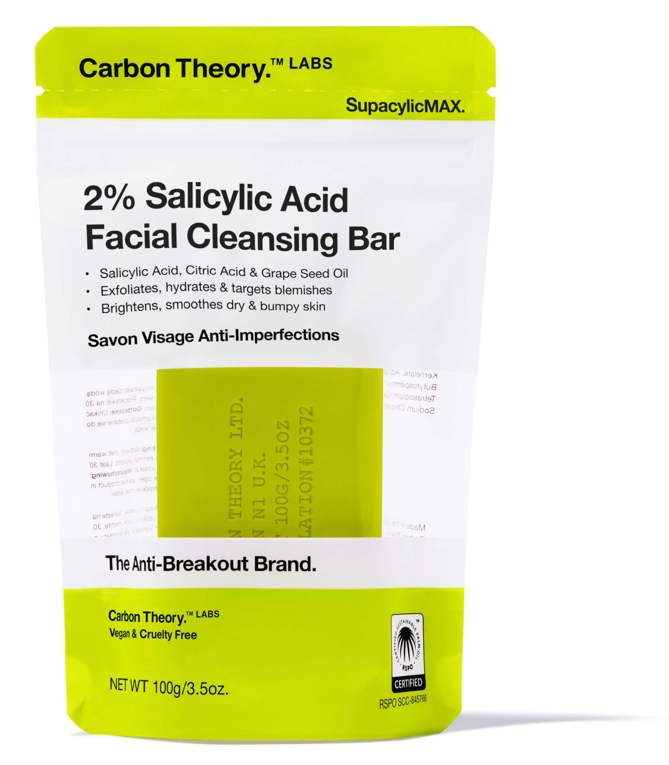 Carbon Theory SupacylicMax Face Cleansing Bar, Salicylic Acid and Grape Seed Oil Soap Bar, Gently Cleanses, Hydrates and Helps Reduce Breakouts 100g