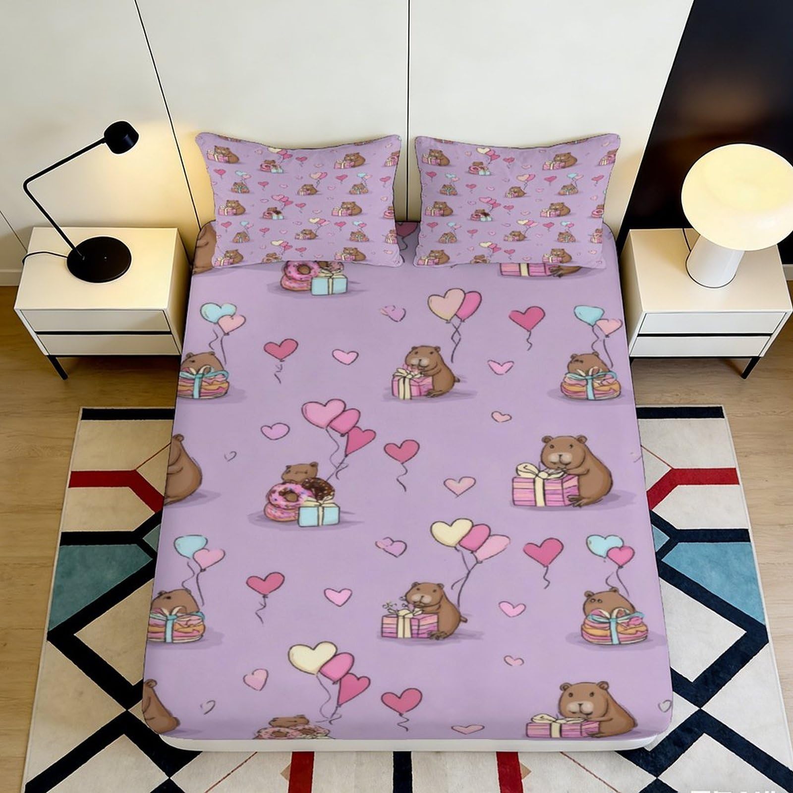3D Printed Cute Bear Balloons Fitted Sheet Microfiber Soft Breathable Heart Pattern Bed Sheet for Bedroom Dormitory Guest Room Mattress Protection Decor 120x200x25cm