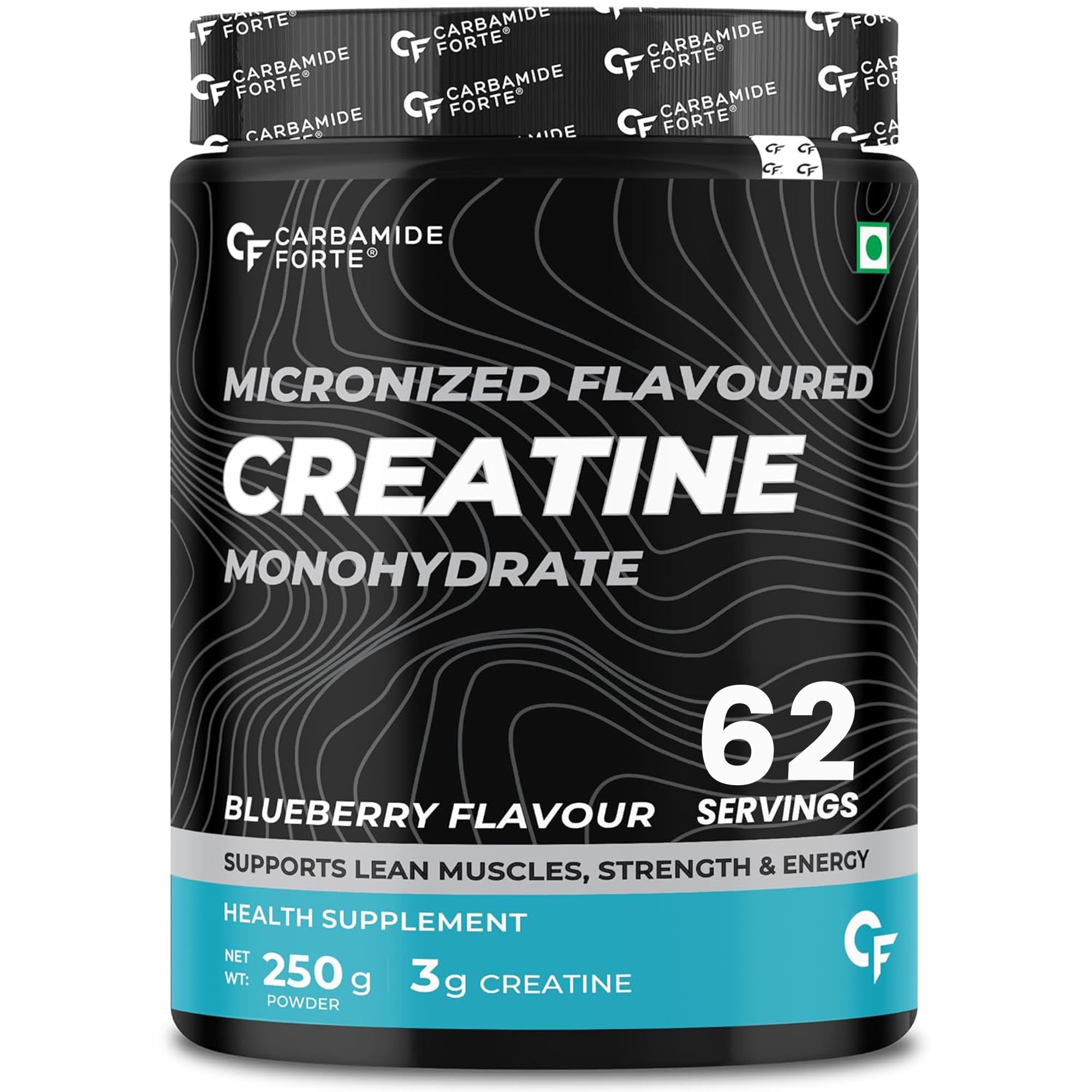 Monohydrate Creatine Powder Flavoured | Creatine Flavoured | Supplement for Lean Muscle Volumization, Strength & Energy - Blueberry - 62 Servings - 250 Grams