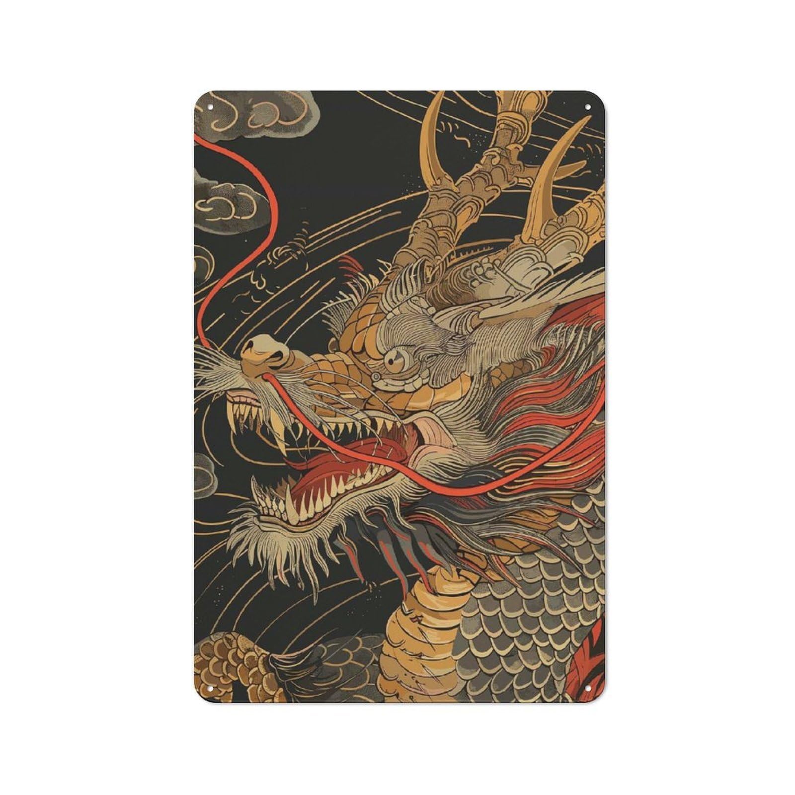 Japan Dragon Printed Tin Plaque, Clean Printed Wall Decor for Breakfast Nook, Kitchen Wall And Home Cafe, 30x20cm