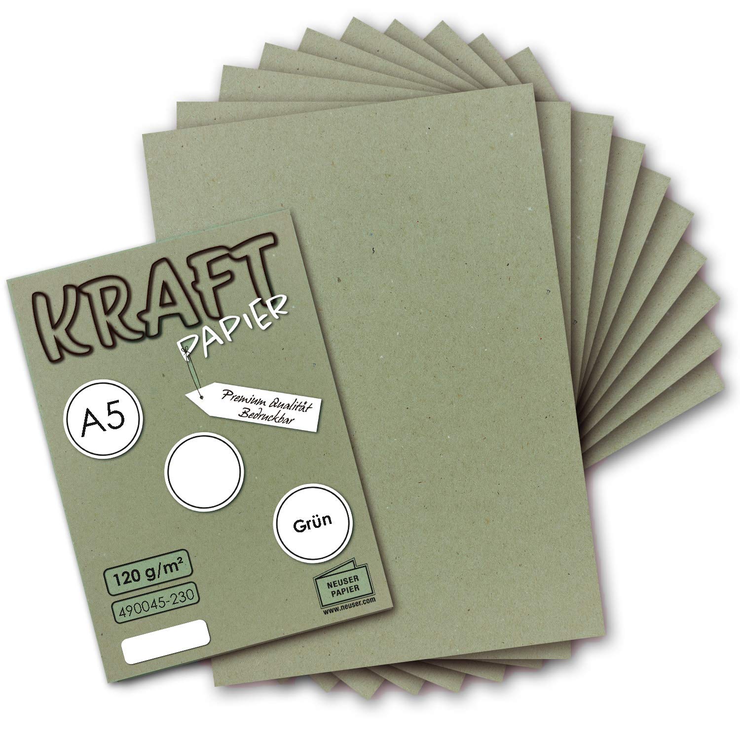500 Blatt - Vintage Kraftpapier in Grün DIN A5 120 g/m² grünes Recycling-Papier - 21 x 14,8 cm - ökologische Brief-Bogen - Briefpapier - NEUSER PAPIER