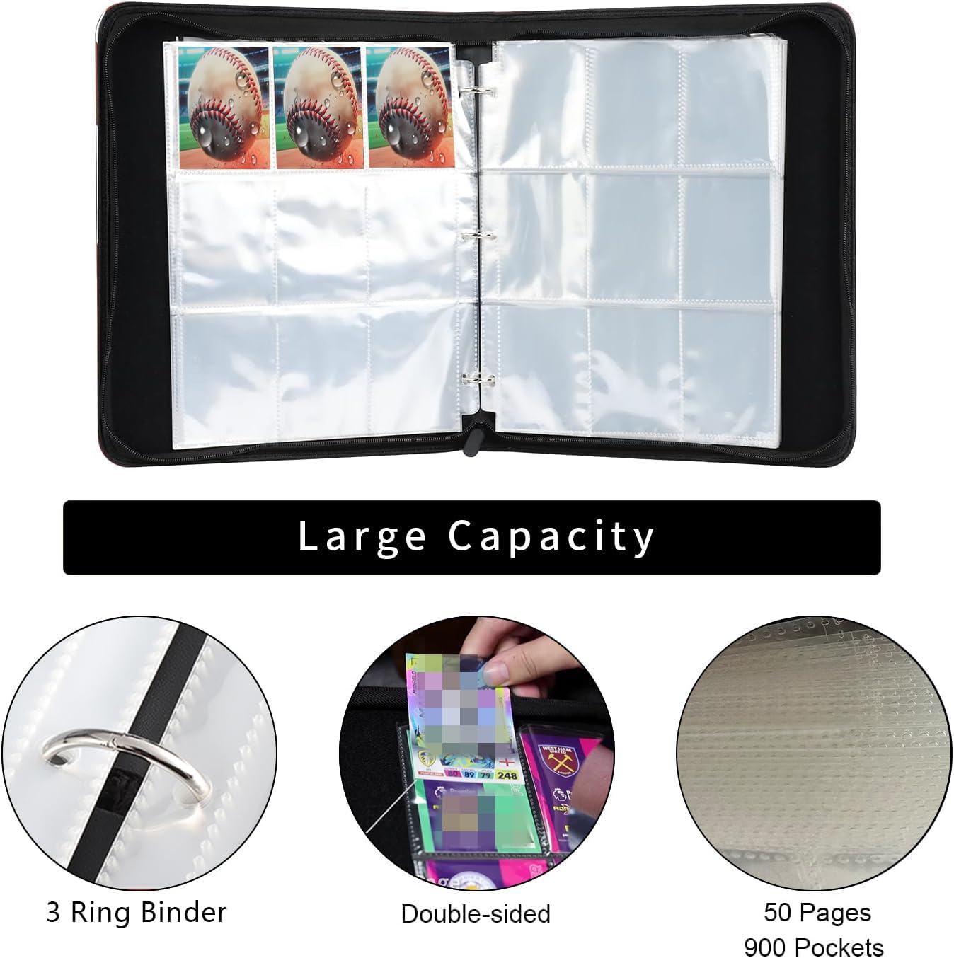 Baseball Card Binder with Sleeves, 900 Pocket Baseball Card Holder for Trading Cards, 9 Pocket with 50 Removable Sleeves Zipper Book Folder Collector Album 3 Ring Binder Organizer Storage Kids Gift