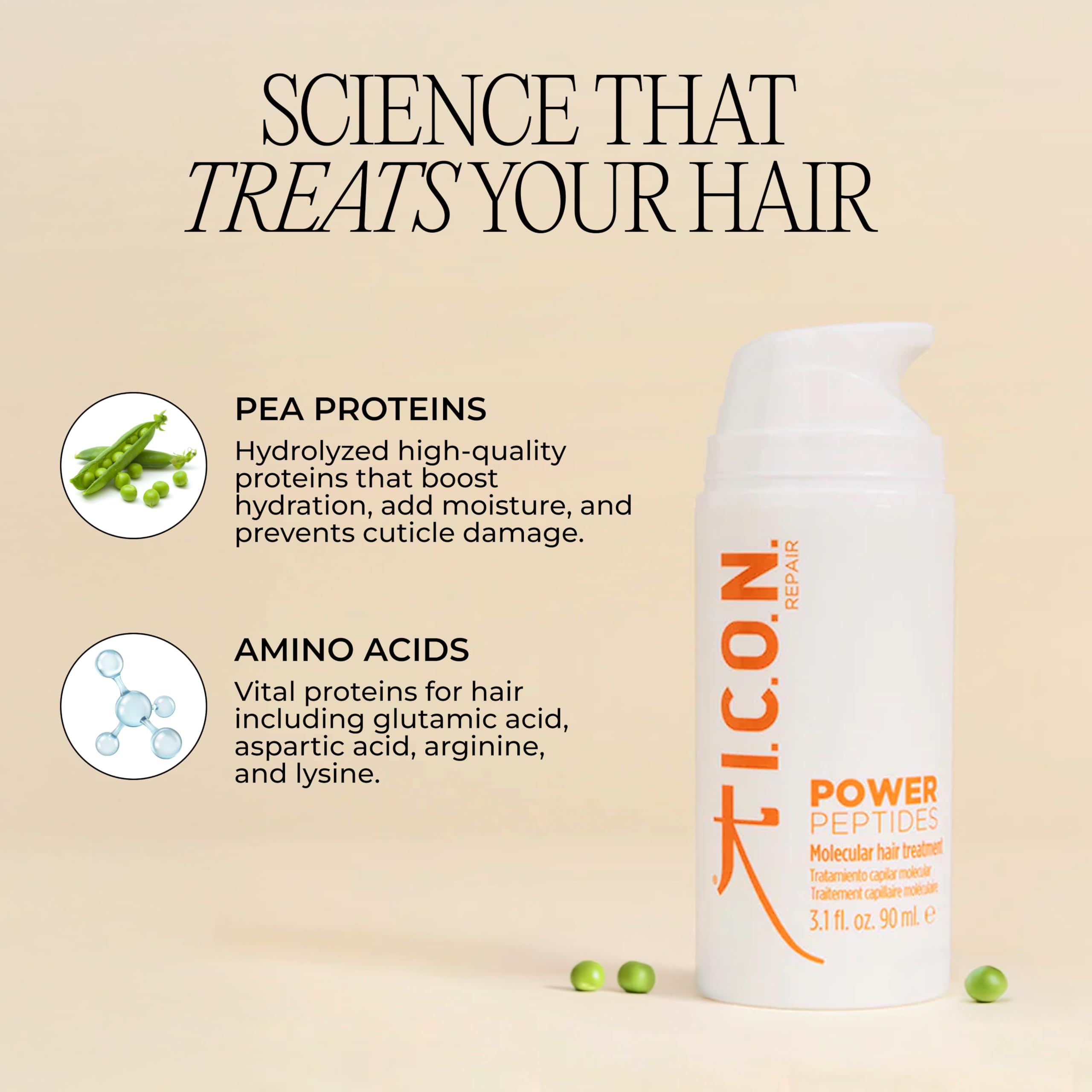 I.C.O.N. Power Peptides Tratamiento Capilar Molecular Sin Aclarado, 90 ml | Ayuda a recuperar la suavidad, flexibilidad y brillo para un cabello con aspecto más saludable.