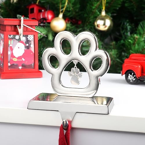 Miniatura 3 de Hooqict Juego de 4 soportes de calcetines de Navidad con diseño de pata de perro para chimenea, soportes de metal plateado, clips de calcetines de