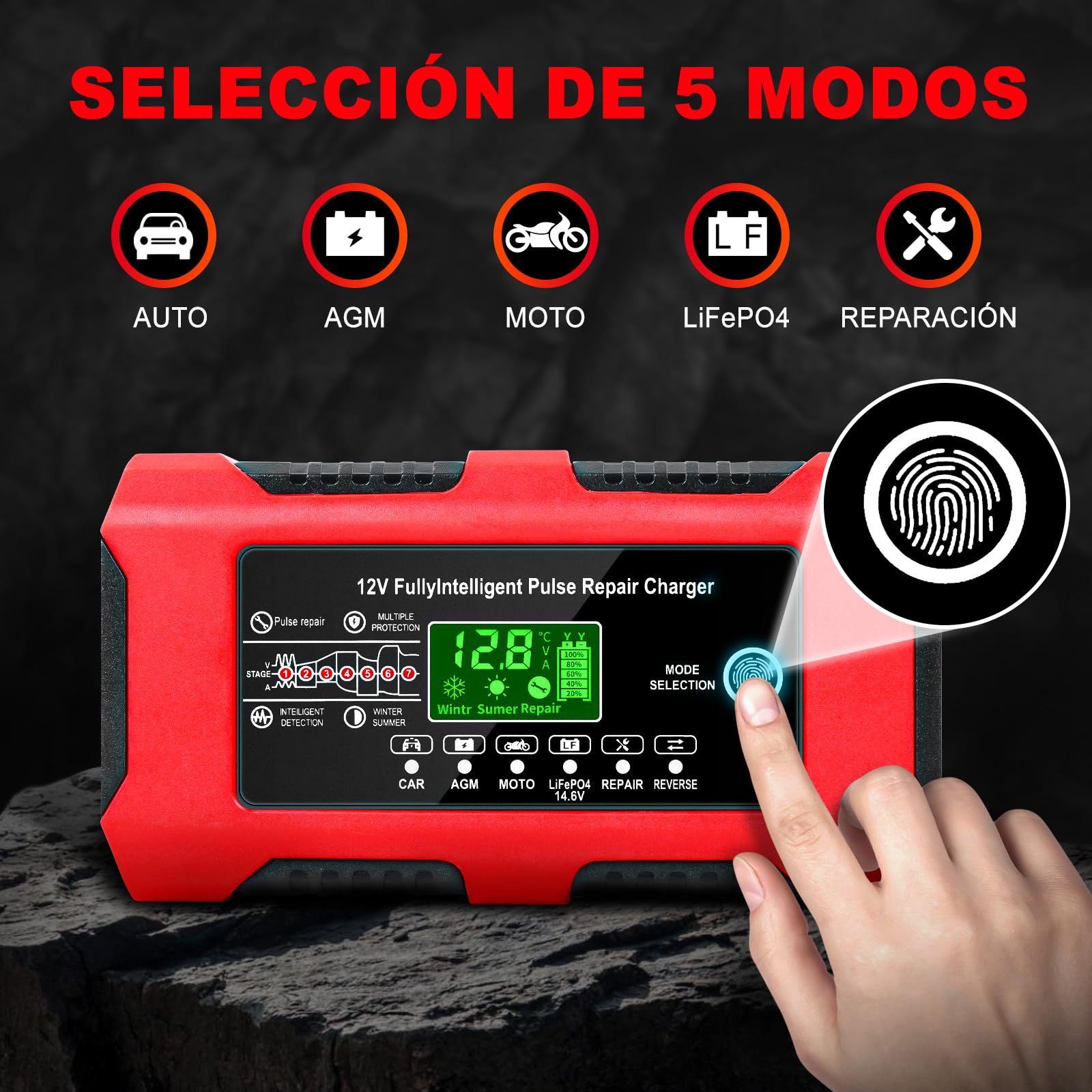YDBAO Cargador de Baterias Coche 12V 10A Cargador de Batería de Coche Inteligente con Pantalla Táctil LCD y Múltiples Protecciones Cargador de Baterias Coche y Moto para Auto,Moto, AGM, Gel, SLA — view 3