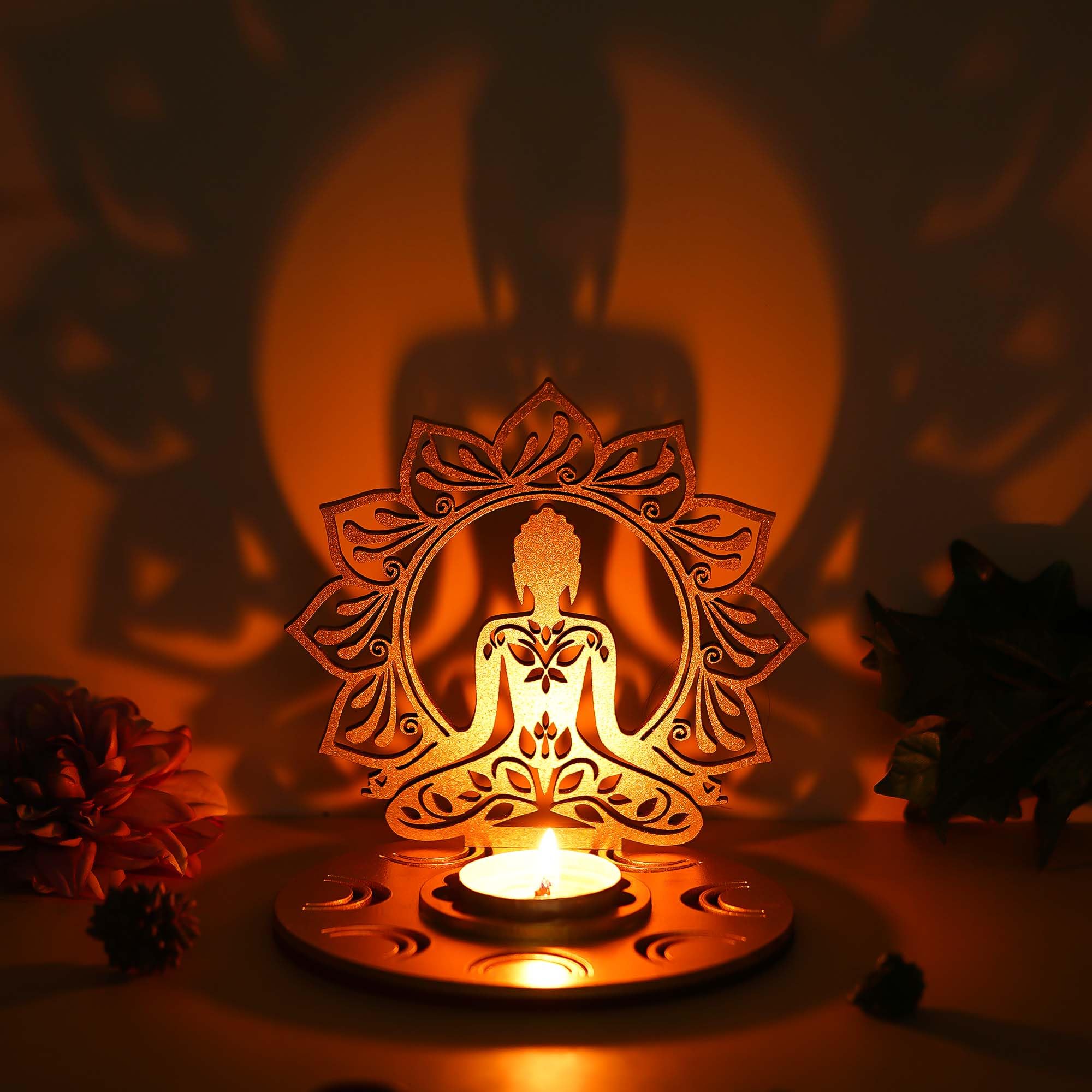 eCraftIndia Red and Golden MDF Wooden Lord Buddha Lotus Shadow Decorative Tea Light Candle Holder, Diya Stand for Home Decoration | Buddha Purnima, Diwali Decoration Item | Diwali Gift for Festival-picture-10