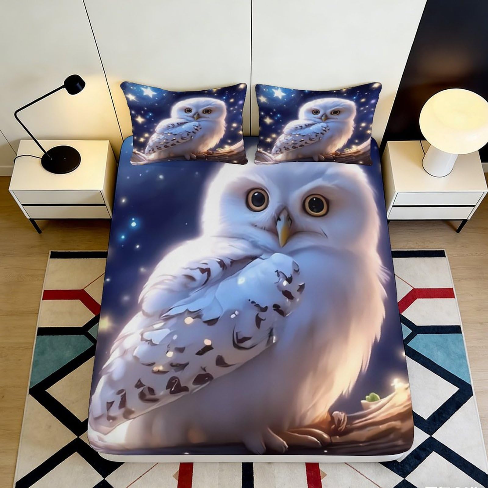 Pnayamiorkfel Style-6 3D Printed Snowy Owl Night Sky Fitted Sheet Microfiber Soft Breathable Forest Bed Cover Bedroom Decor 90X200x25cm