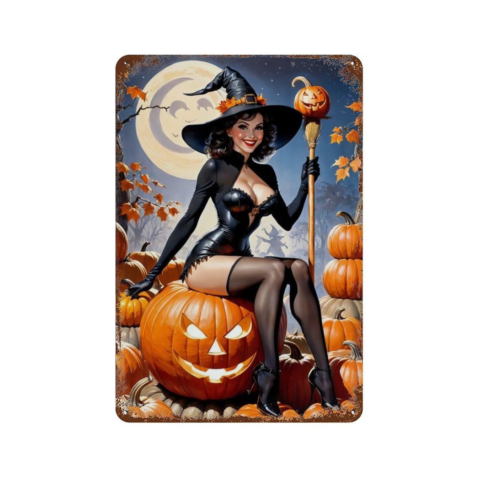 Halloween Witch with Pumpkins Aged Metal Wall Plaque 11.8"x7.9", for Office, Studio And Wall Decor, Novelty Wall Decor