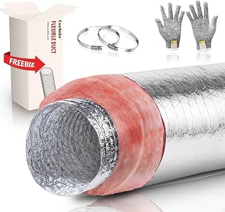 CUCHIILO 6 Inch R6 Insulated Flexible Duct 25FT Silver Jacket HVAC Ducting w/ 2 Clamps - Energy Efficient